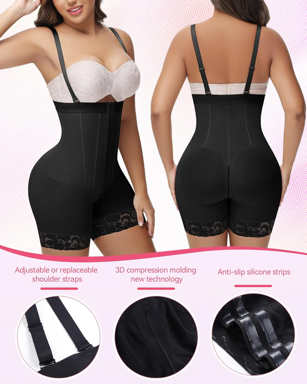 Beige Strapless Signature Faja with adjustable straps, 3D compression technology, and anti-slip silicone for secure all-day wear.
