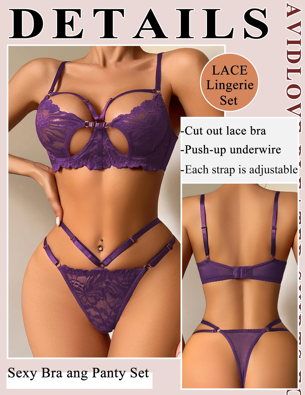 Lingerie for Women Lace Bra and Panty Set Sexy Underwear Sets 2 Piece Strappy Lingerie with Thong