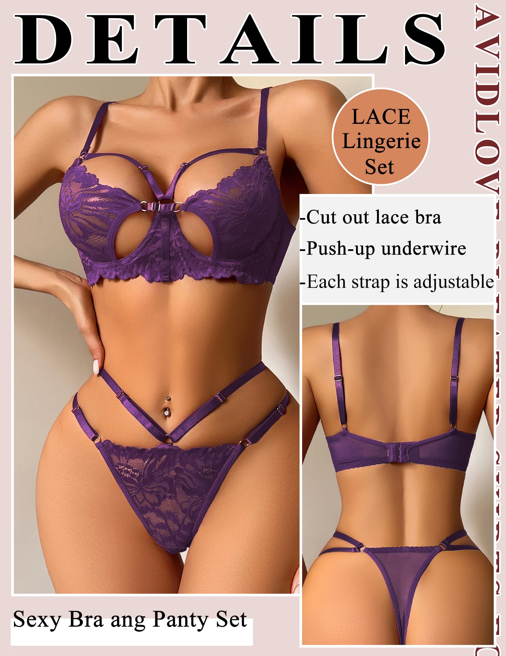 Lingerie for Women Lace Bra and Panty Set Sexy Underwear Sets 2 Piece Strappy Lingerie with Thong