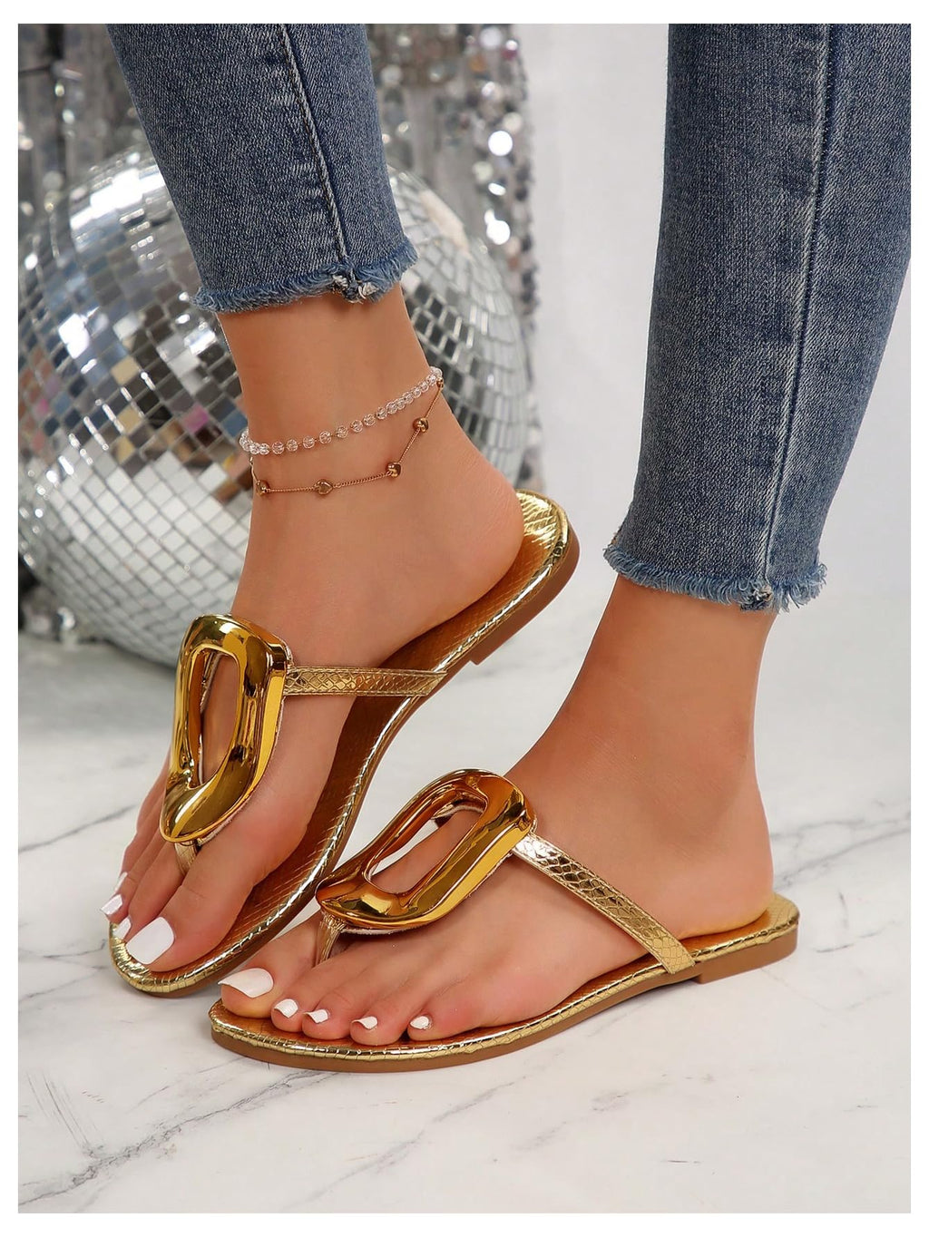OYOANGLE Women's Metal Decor Flip Flop Thong Sandals Comfortable Slip on Flat Sandals