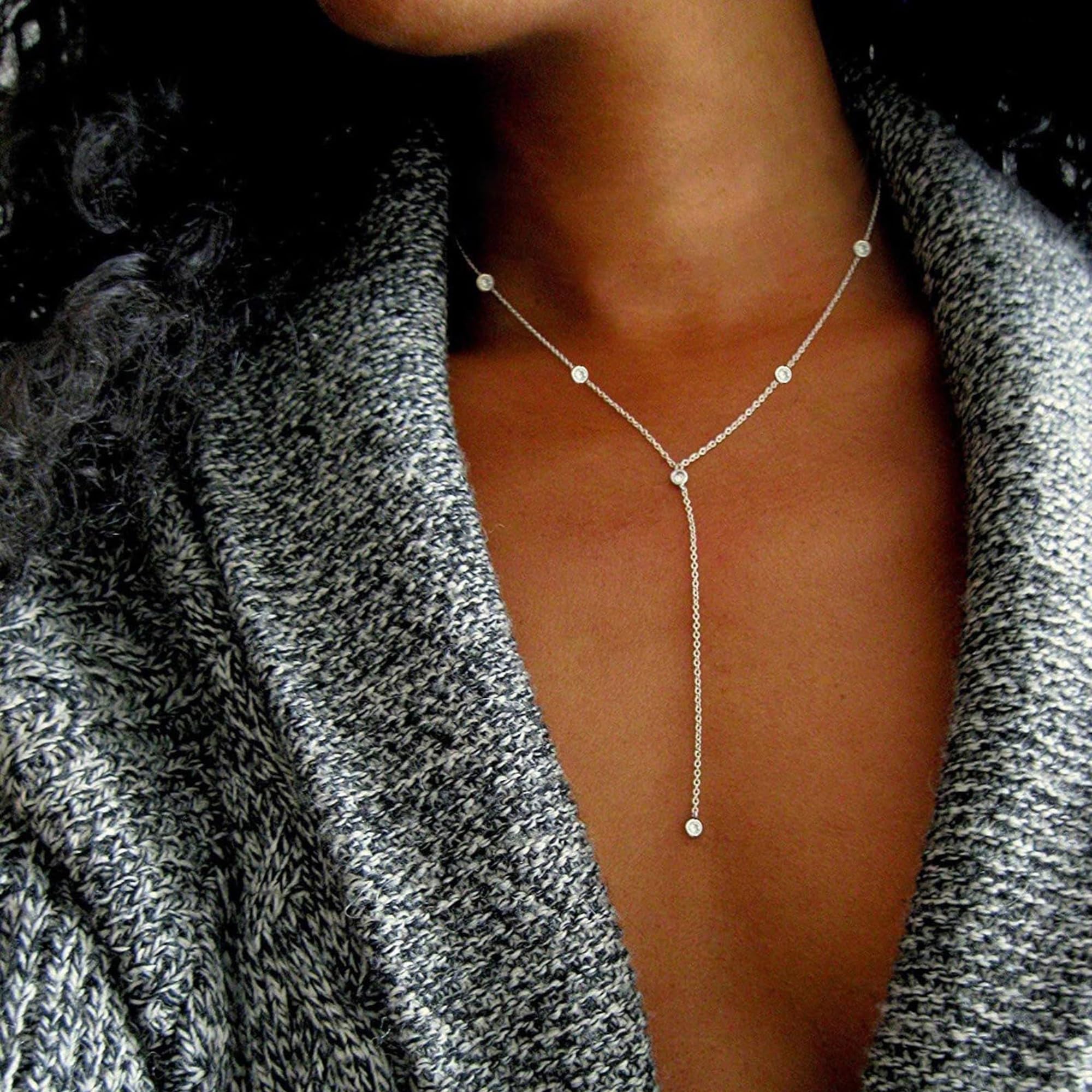 Gold Necklace for Women, Dainty Gold Long Necklaces 14k Gold Plated Prom Lariat Necklace Cute Choker Necklaces for Women Trendy Stuff Fashion Costume Gold Accessories Christmas Jewelry Gifts
