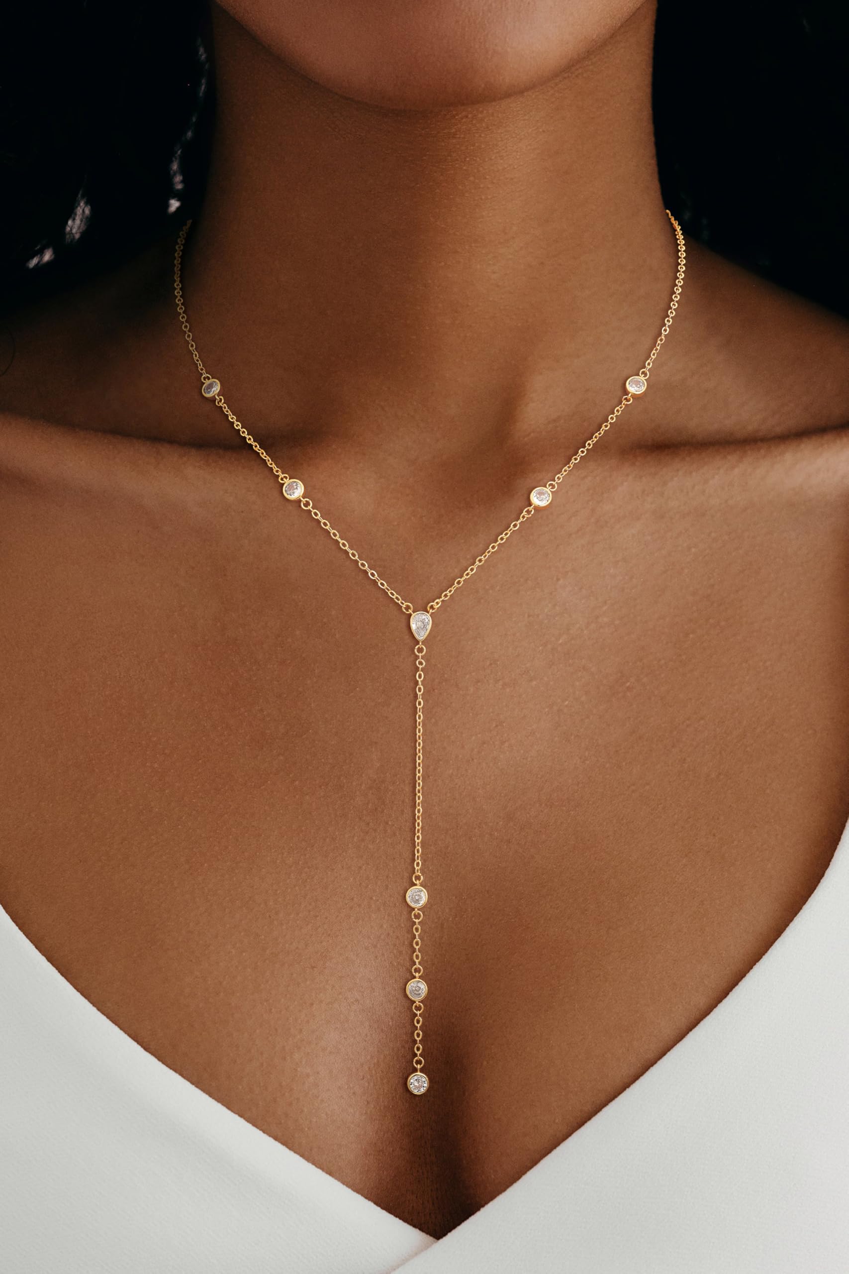 CHESKY Lariat Gold Necklace for Women, Dainty Long Necklace 14k Gold Plated Y-Shaped Pendant Necklace Trendy Layered CZ Beaded Chain Drop Necklaces Simple Gold Jewelry for Women Gifts