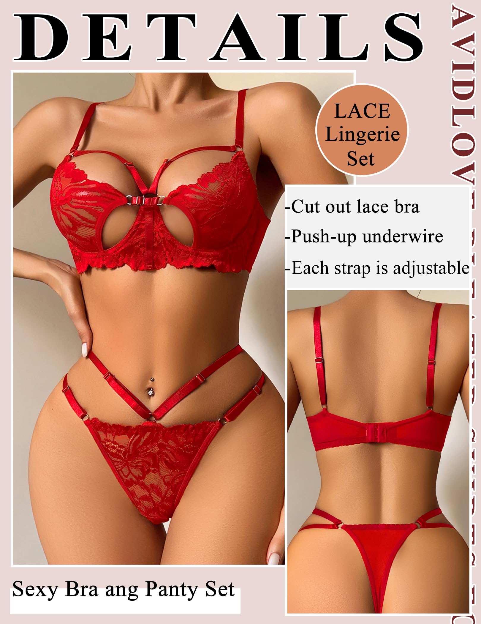 Lingerie for Women Lace Bra and Panty Set Sexy Underwear Sets 2 Piece Strappy Lingerie with Thong