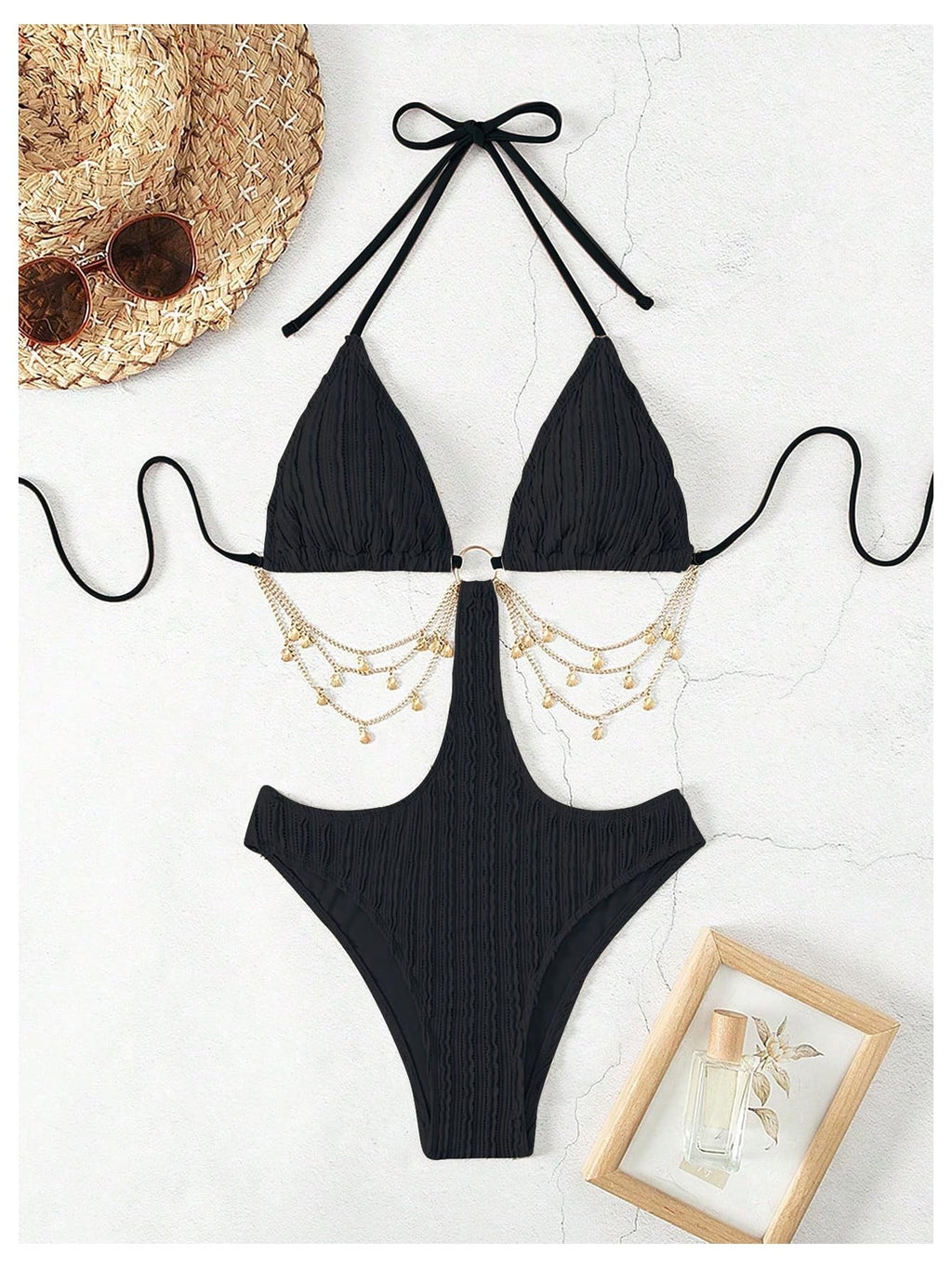 OYOANGLE Women's Ring Linked Cut Out One Piece Swimsuits Textured Tie Backless Halter Bathing Suit Monokini
