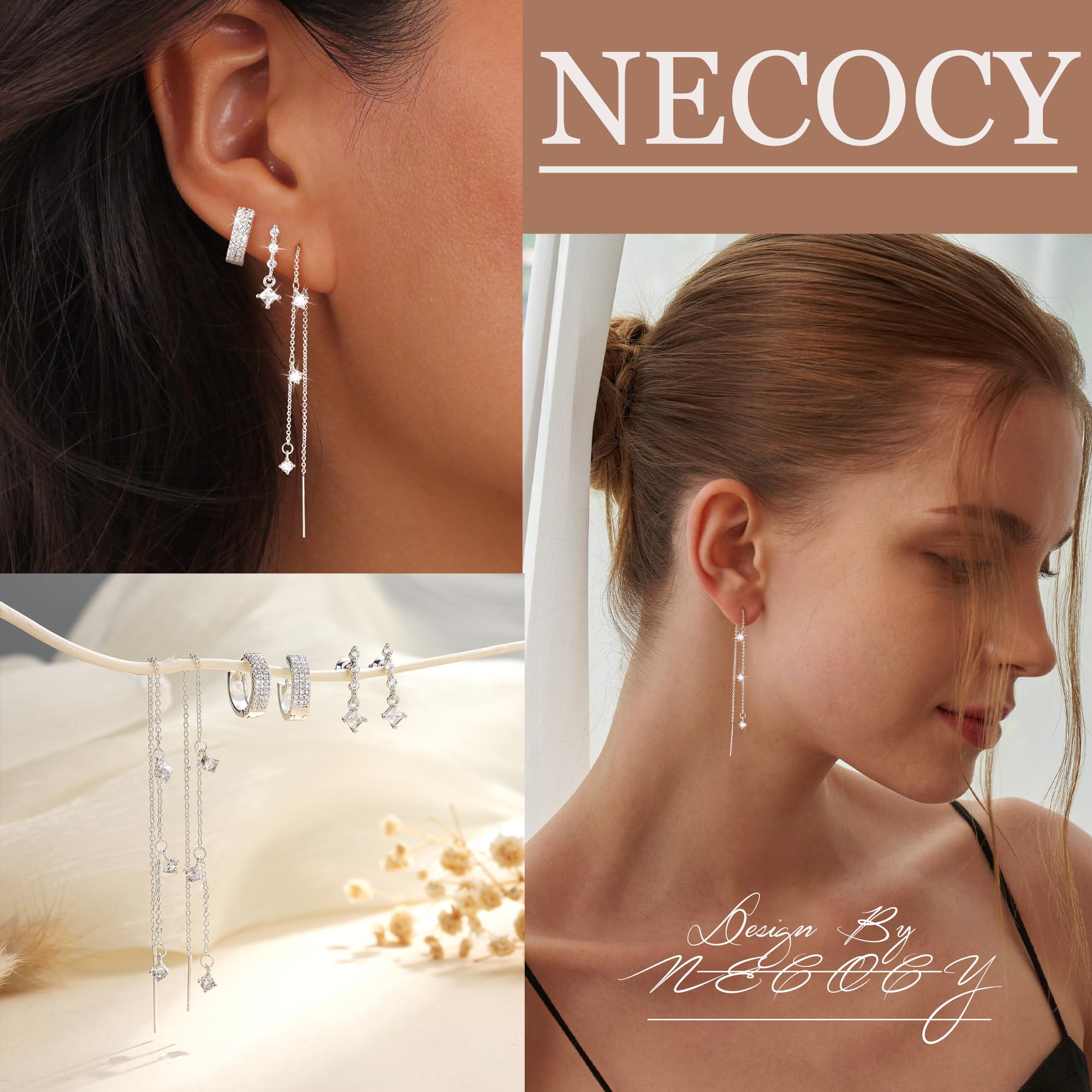 NECOCY 14K Gold Plated Chain Earrings for Women 3/4 Pairs Dangle Dainty Stack Hoop Earrings Set Trendy Cubic Zirconia Stud Earrings for Women Jewelry
