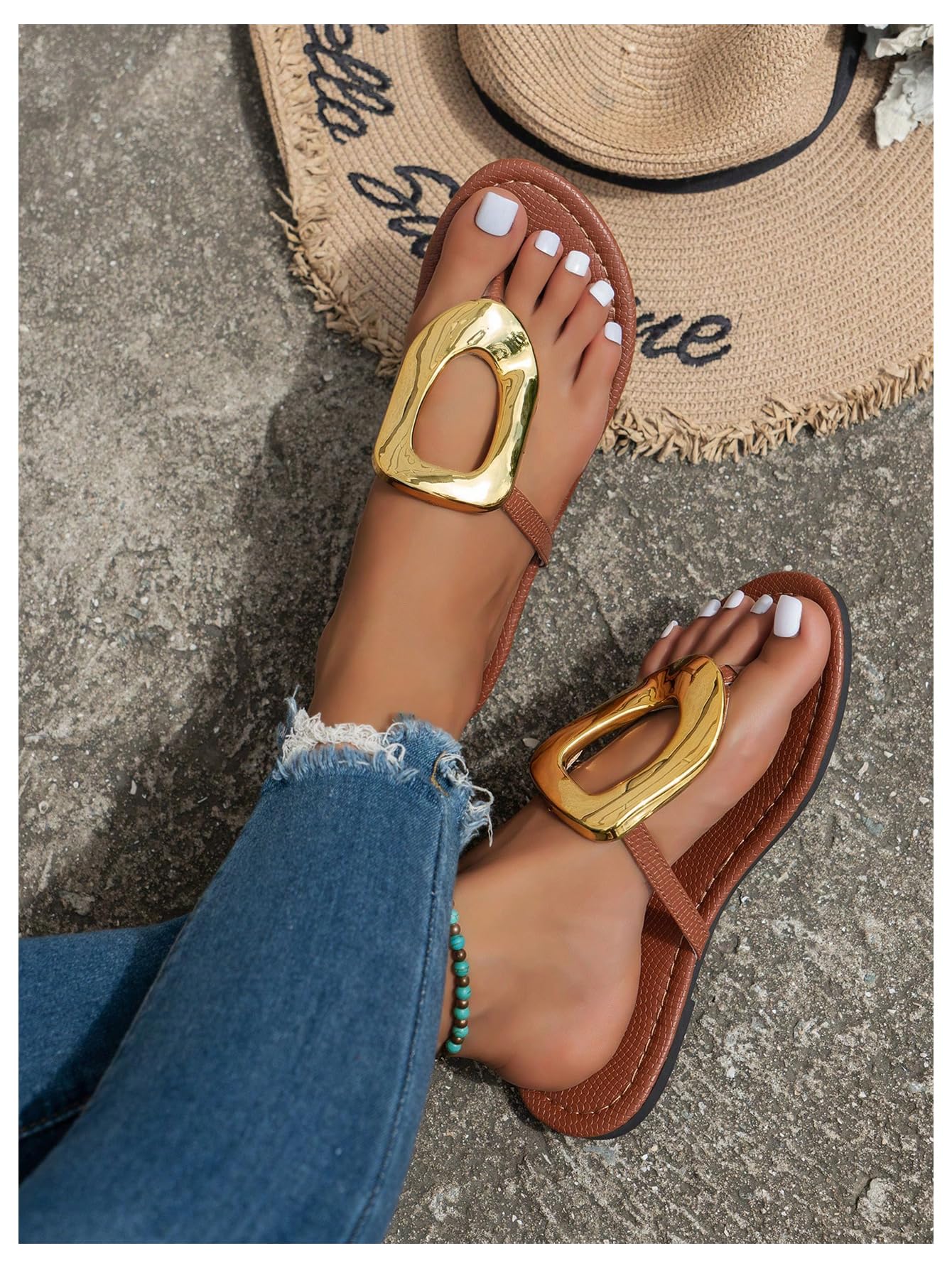 OYOANGLE Women's Metal Decor Flip Flop Thong Sandals Comfortable Slip on Flat Sandals