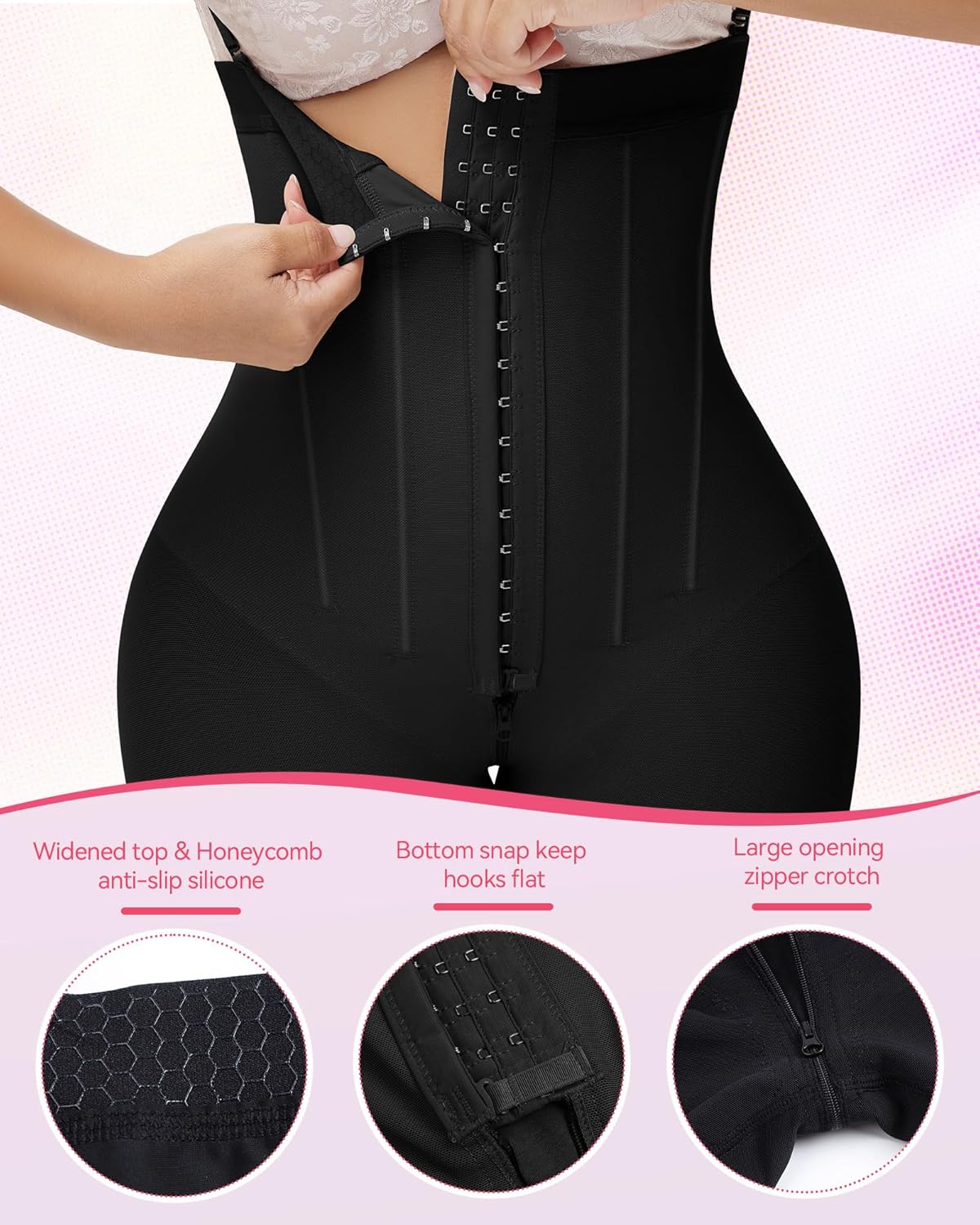 Beige Invisible Sculptor Faja featuring hook-and-eye front closure, anti-slip silicone top, and large zipper crotch for ease and comfort.