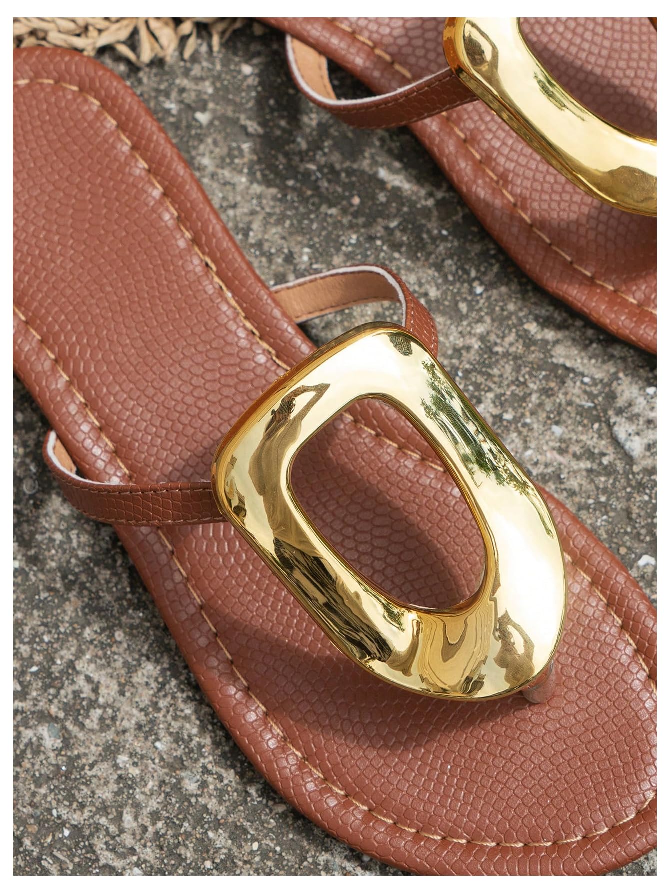 OYOANGLE Women's Metal Decor Flip Flop Thong Sandals Comfortable Slip on Flat Sandals
