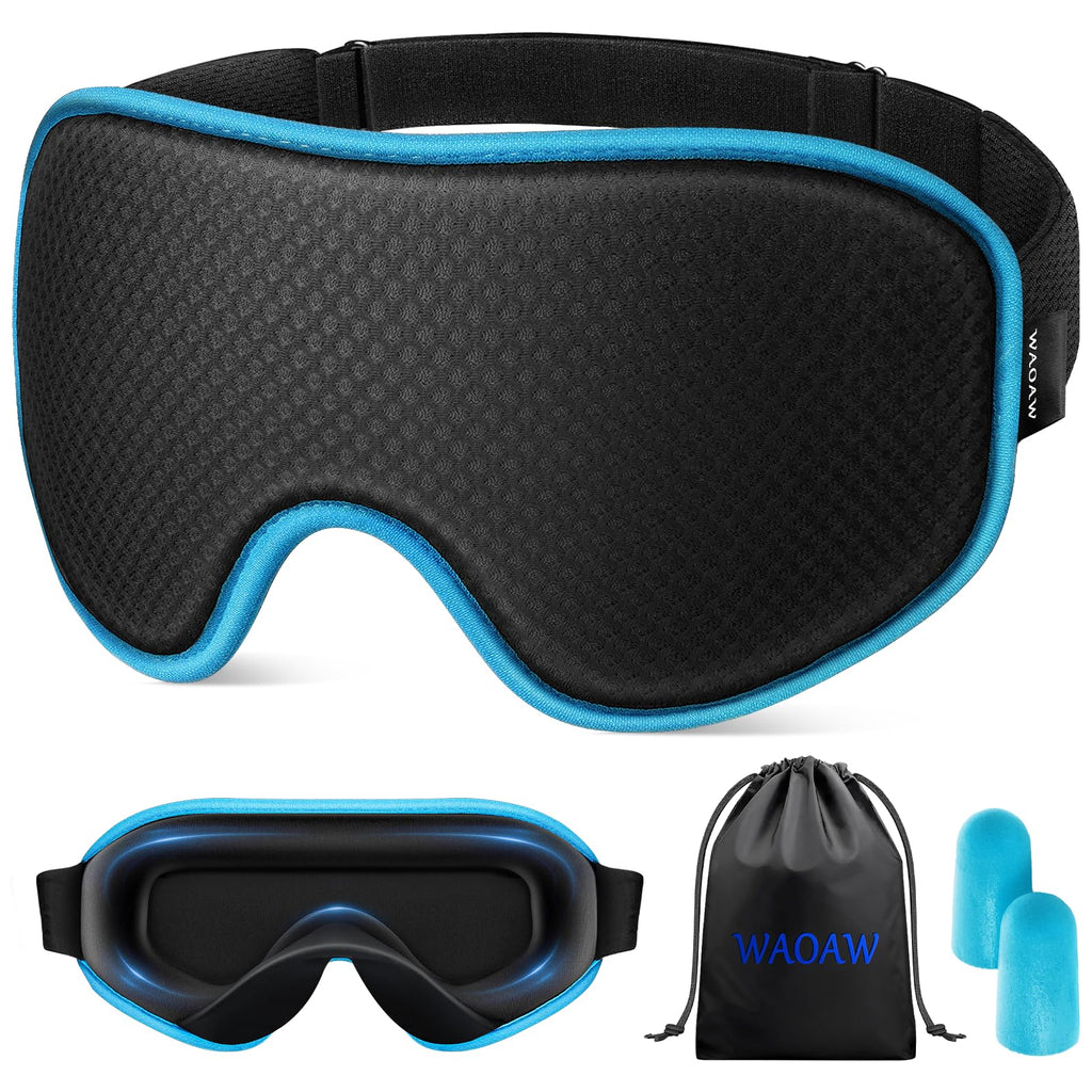 The Midnight Muse | 3D Silk-Touch Blackout Mask in blue with ergonomic eye cups, earplugs, and travel pouch for luxury sleep and total darkness.