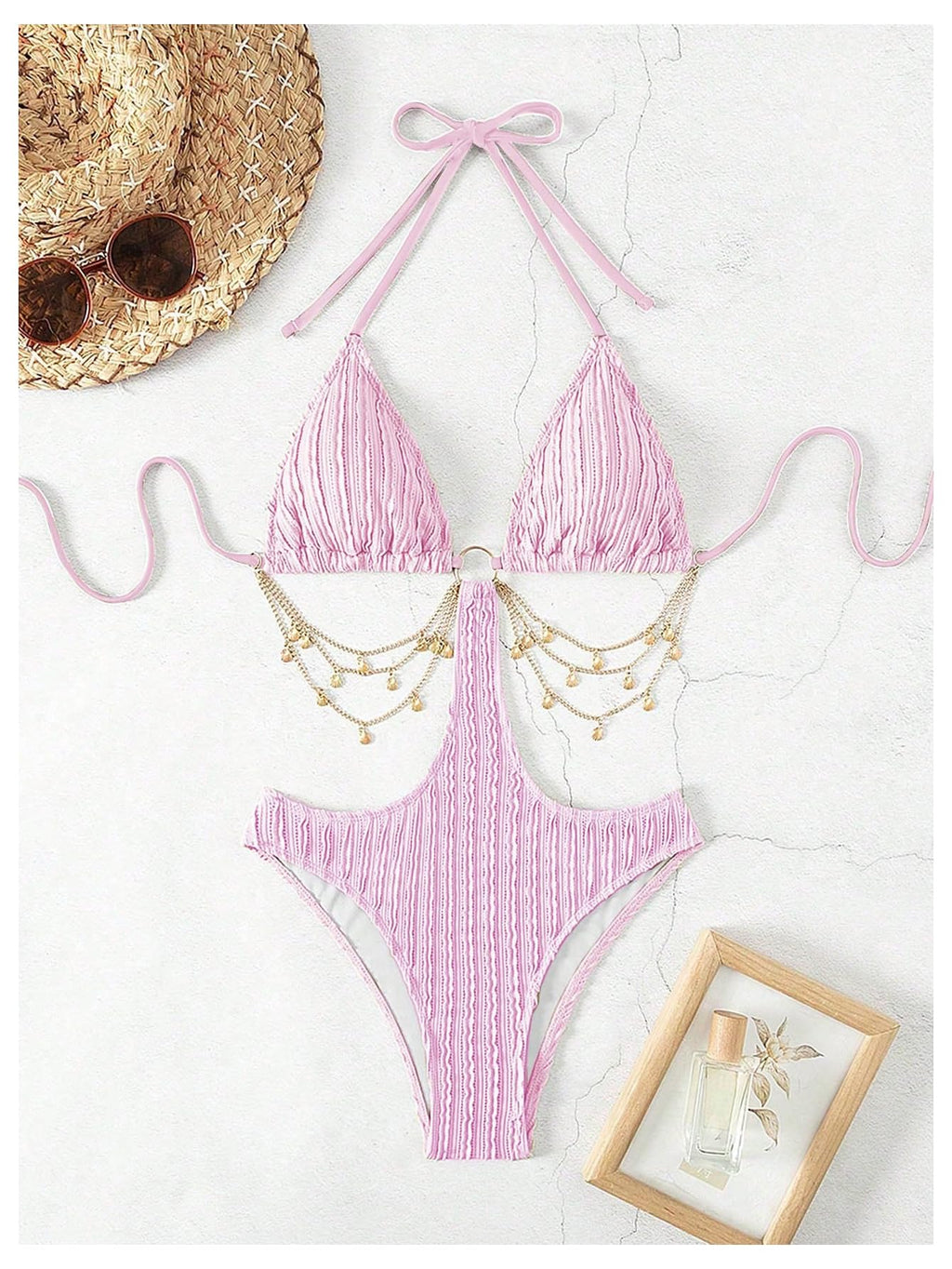 OYOANGLE Women's Ring Linked Cut Out One Piece Swimsuits Textured Tie Backless Halter Bathing Suit Monokini
