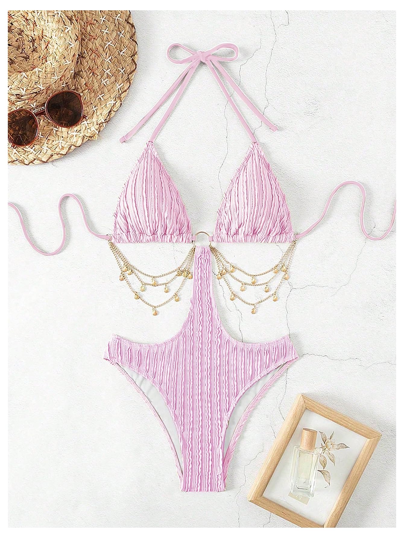 OYOANGLE Women's Ring Linked Cut Out One Piece Swimsuits Textured Tie Backless Halter Bathing Suit Monokini