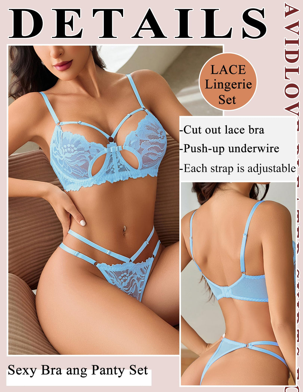 Lingerie for Women Lace Bra and Panty Set Sexy Underwear Sets 2 Piece Strappy Lingerie with Thong