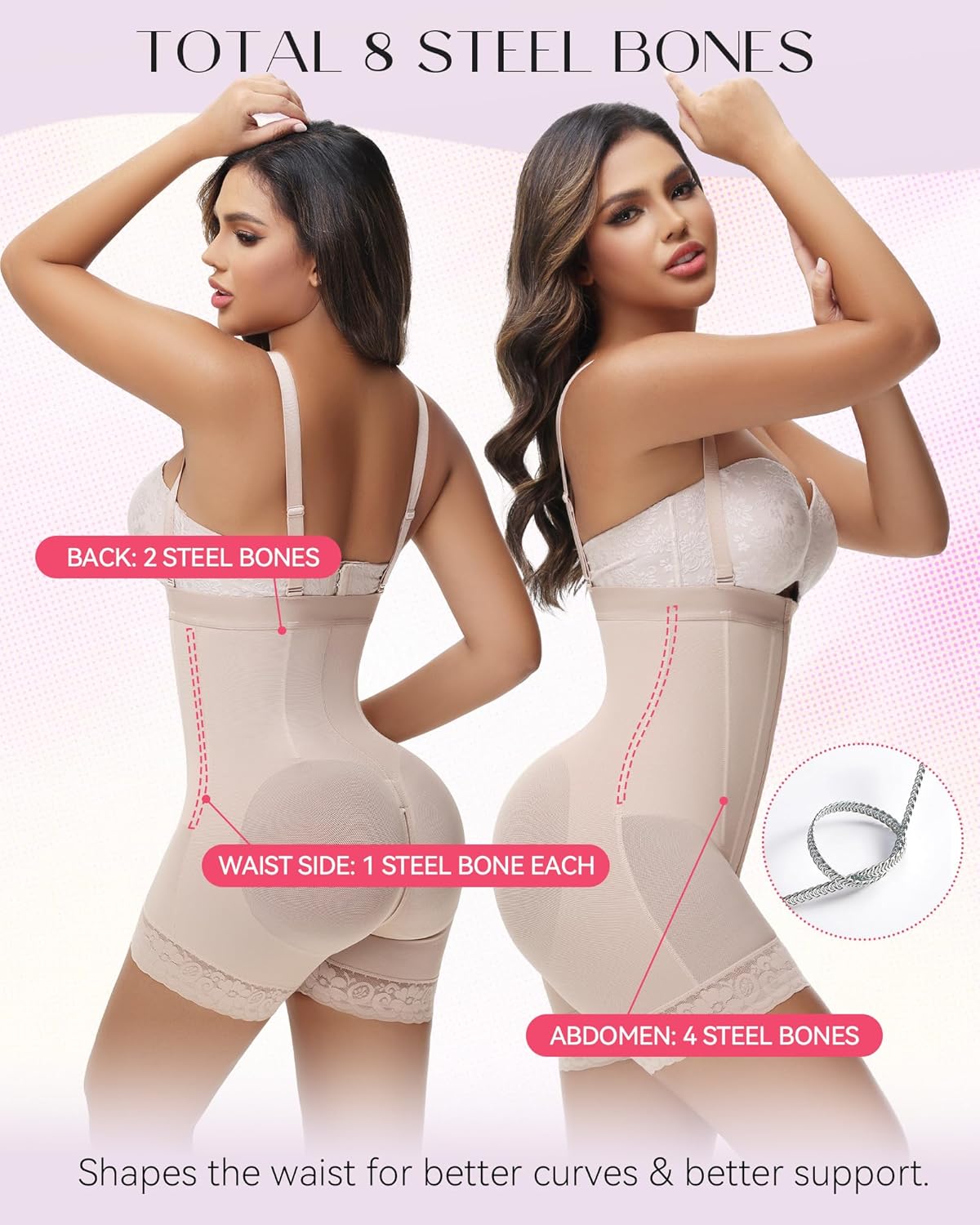 The Invisible Sculptor | Strapless Signature Faja highlights 8 steel bones for enhanced waist shaping and support, ideal for seamless body contouring.