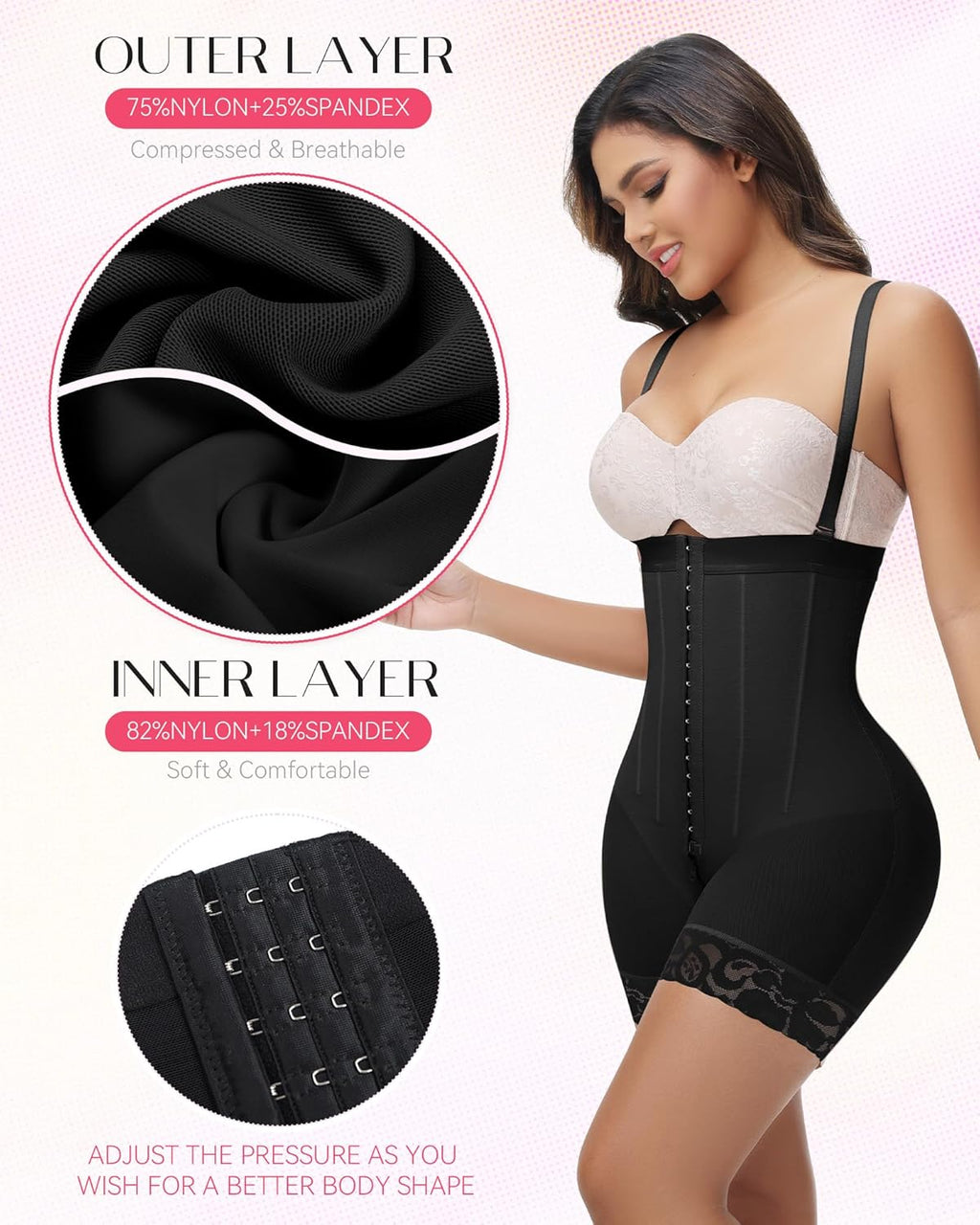The Invisible Sculptor Faja with breathable nylon-spandex outer layer and soft inner lining. Adjustable compression for a custom body shape.