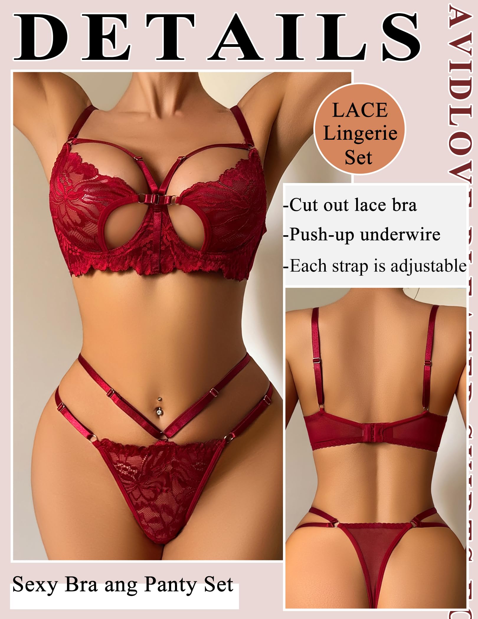 Lingerie for Women Lace Bra and Panty Set Sexy Underwear Sets 2 Piece Strappy Lingerie with Thong