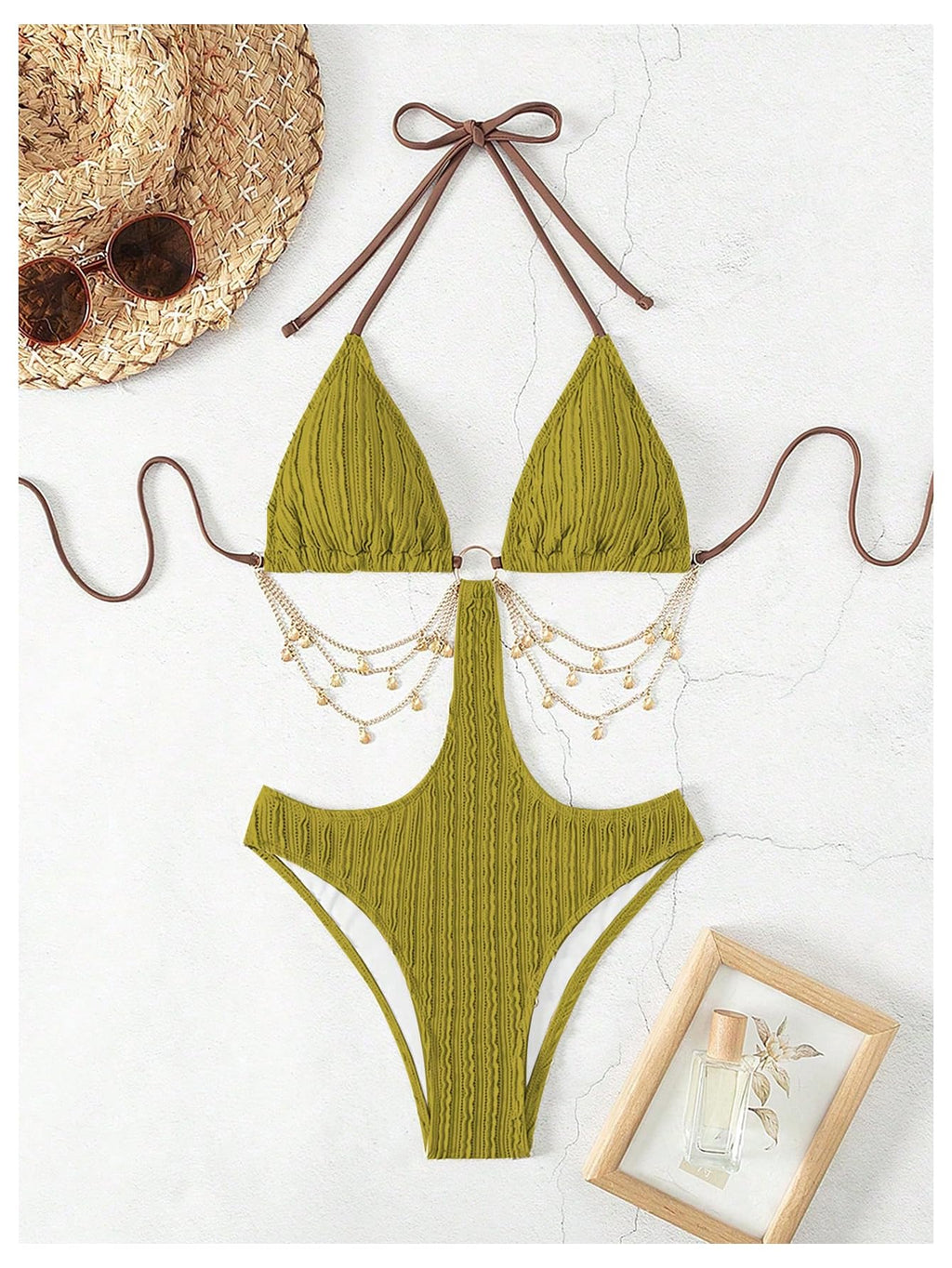 OYOANGLE Women's Ring Linked Cut Out One Piece Swimsuits Textured Tie Backless Halter Bathing Suit Monokini