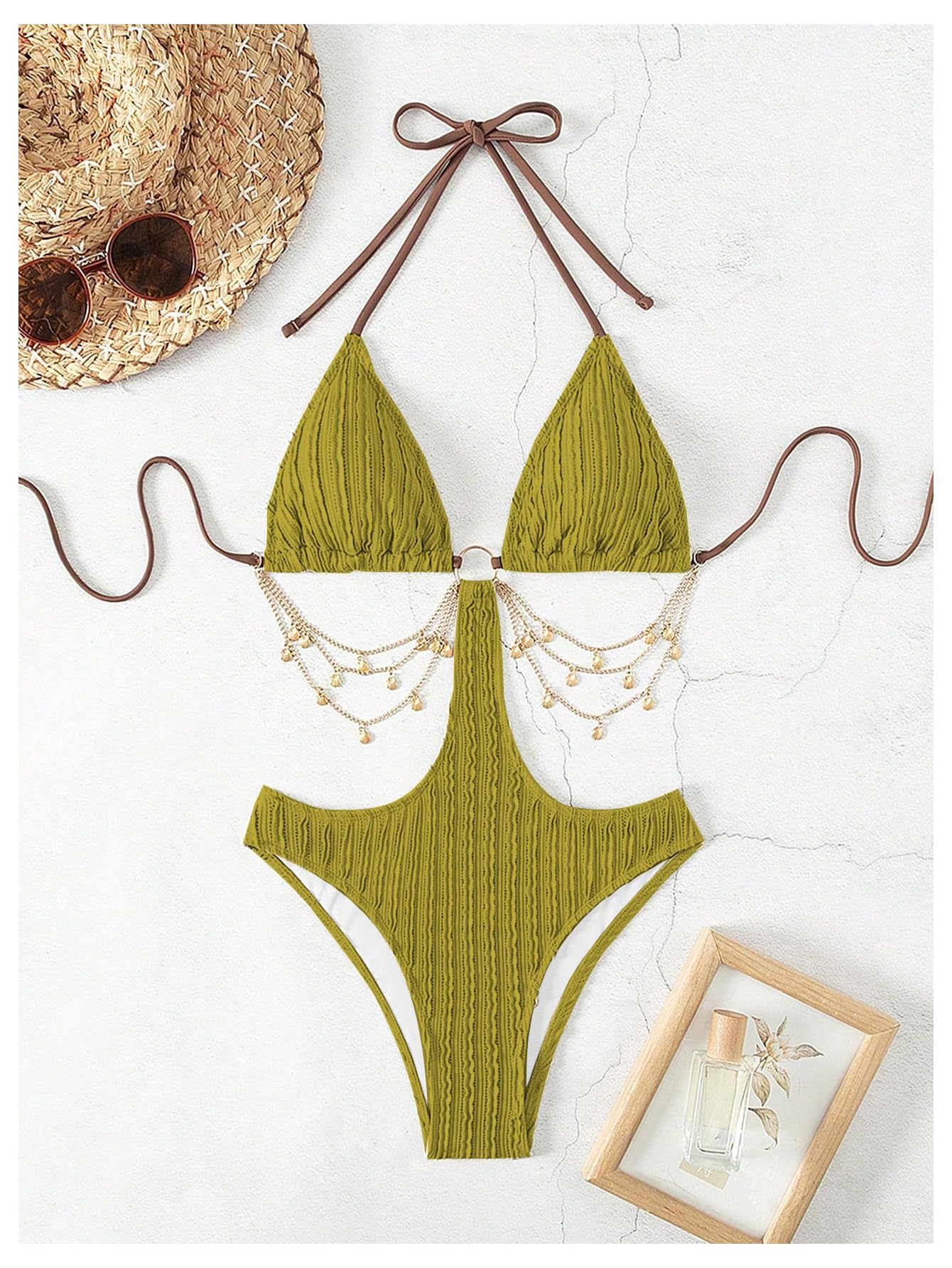 OYOANGLE Women's Ring Linked Cut Out One Piece Swimsuits Textured Tie Backless Halter Bathing Suit Monokini