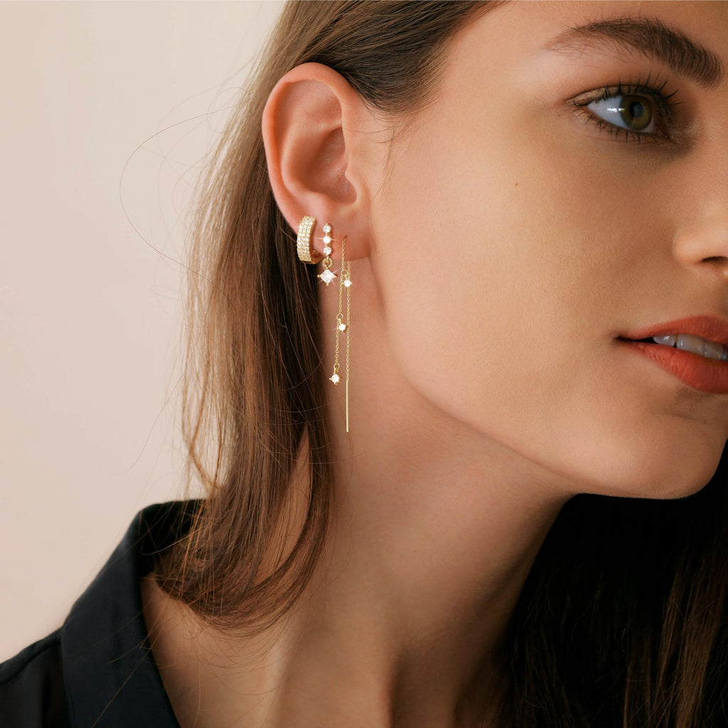 NECOCY 14K Gold Plated Chain Earrings for Women 3/4 Pairs Dangle Dainty Stack Hoop Earrings Set Trendy Cubic Zirconia Stud Earrings for Women Jewelry