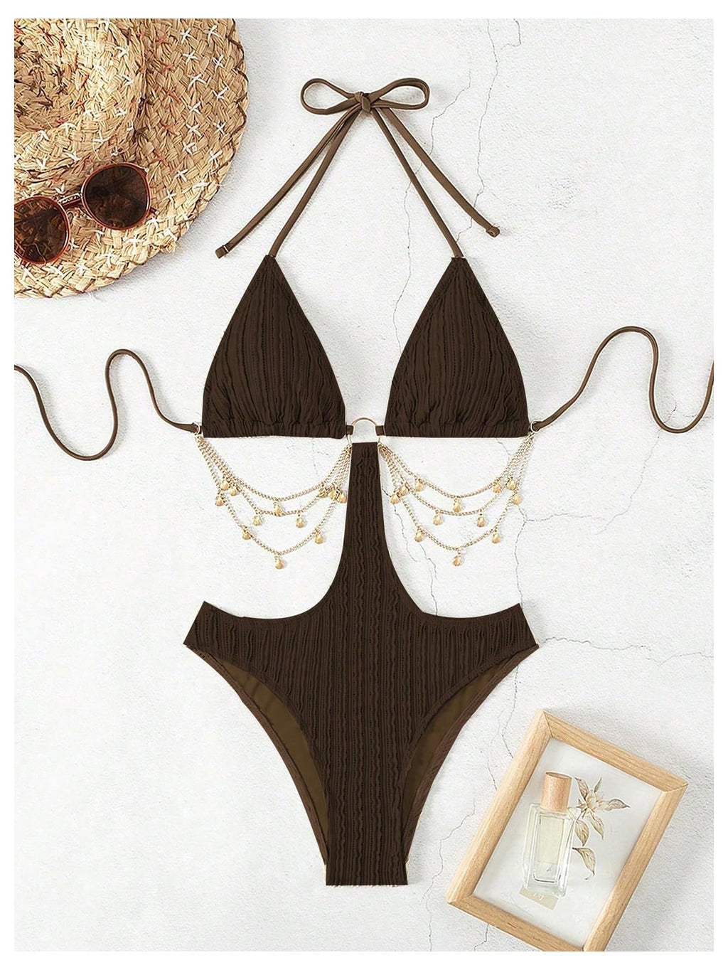 OYOANGLE Women's Ring Linked Cut Out One Piece Swimsuits Textured Tie Backless Halter Bathing Suit Monokini