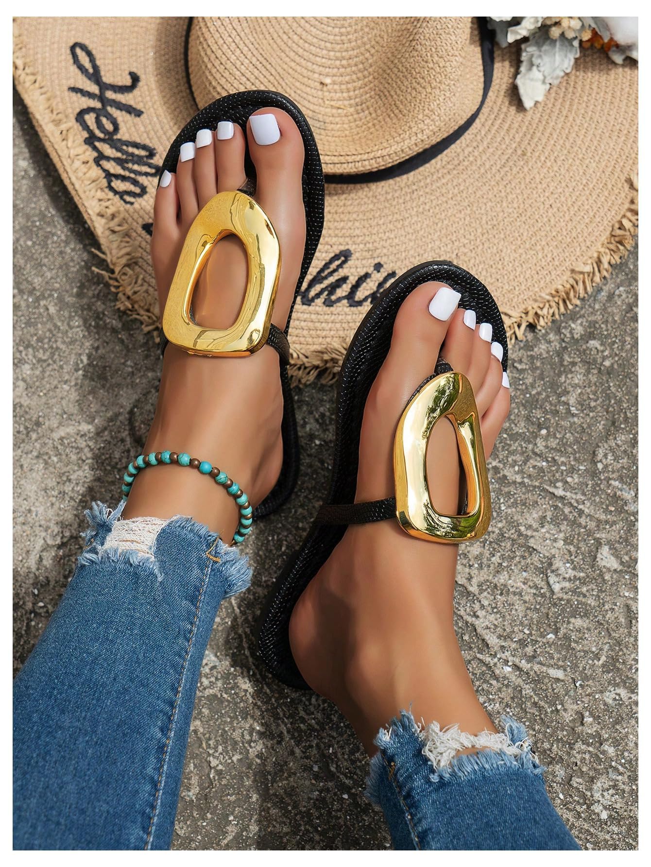 OYOANGLE Women's Metal Decor Flip Flop Thong Sandals Comfortable Slip on Flat Sandals