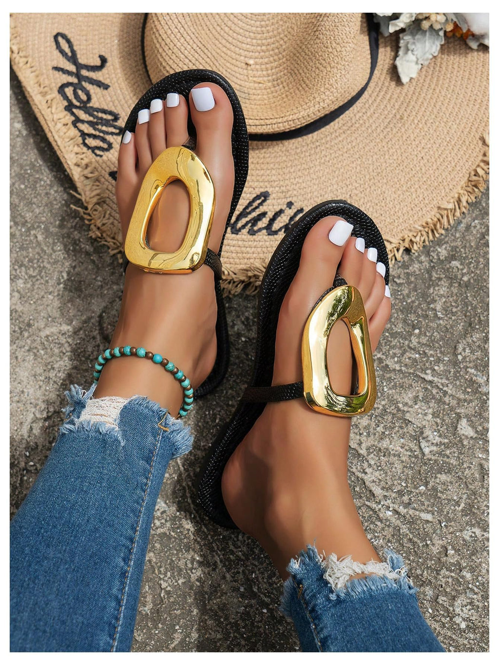 OYOANGLE Women's Metal Decor Flip Flop Thong Sandals Comfortable Slip on Flat Sandals