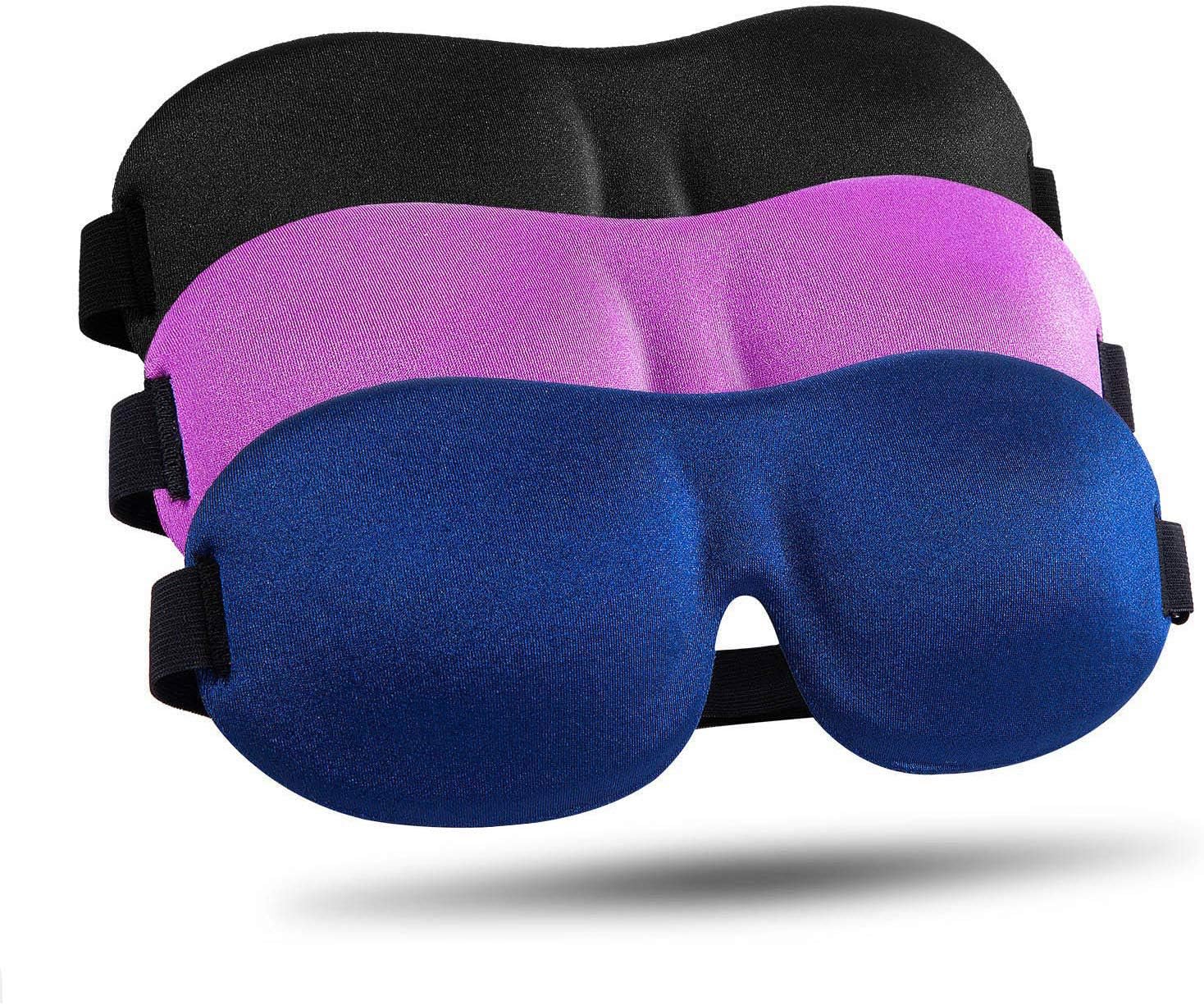 The Dream Serene Trio | 3-Piece Luxury Sleep Set features black, purple, and blue 3D contoured sleep masks with adjustable straps for light blocking.
