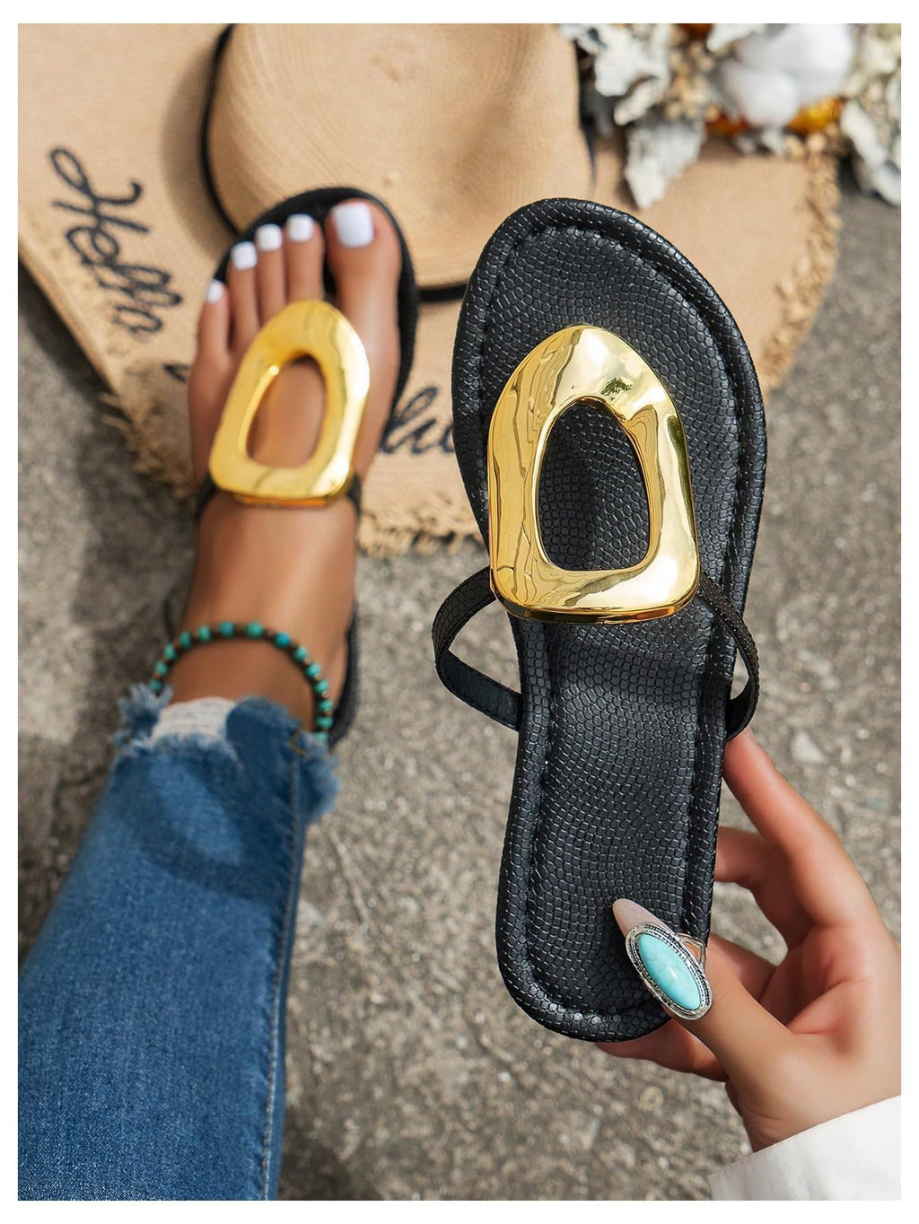 OYOANGLE Women's Metal Decor Flip Flop Thong Sandals Comfortable Slip on Flat Sandals