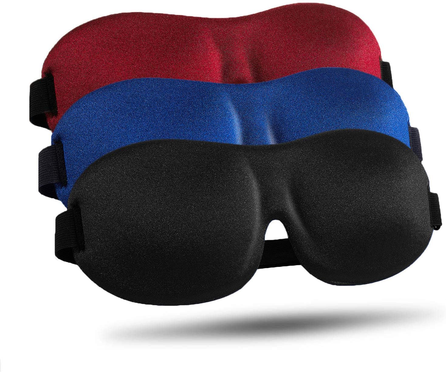 The Dream Serene Trio 3-piece luxury sleep set featuring red, blue, and black 3D contoured sleep masks with adjustable straps for light blocking.