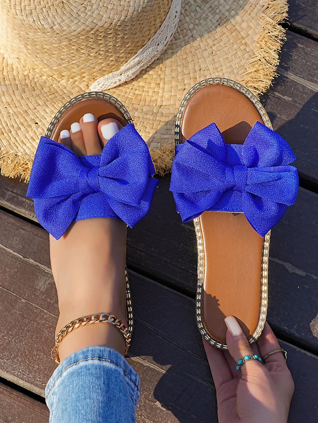 Sksshion Women's Bow Knot Slides Open Toe Flat Sandals Summer Slip On Slippers