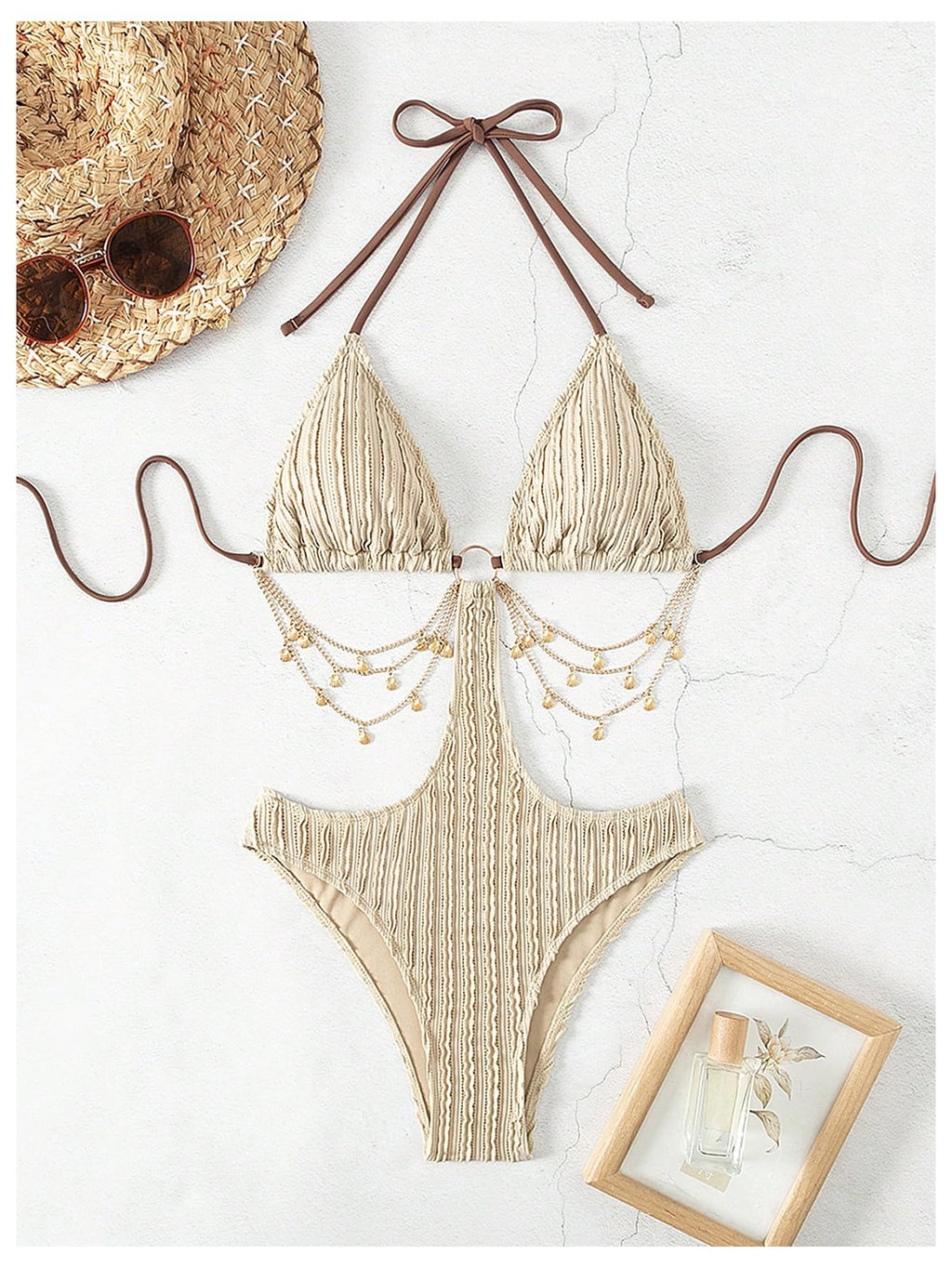 OYOANGLE Women's Ring Linked Cut Out One Piece Swimsuits Textured Tie Backless Halter Bathing Suit Monokini