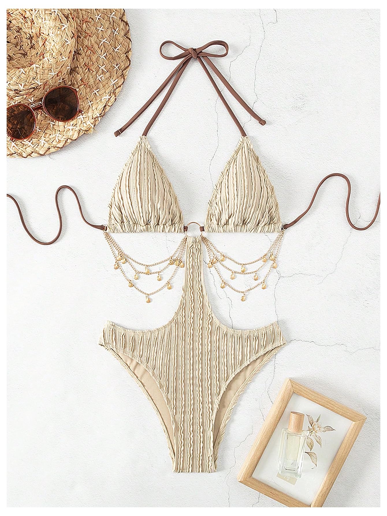 OYOANGLE Women's Ring Linked Cut Out One Piece Swimsuits Textured Tie Backless Halter Bathing Suit Monokini