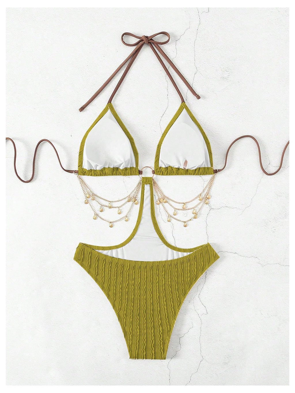 OYOANGLE Women's Ring Linked Cut Out One Piece Swimsuits Textured Tie Backless Halter Bathing Suit Monokini