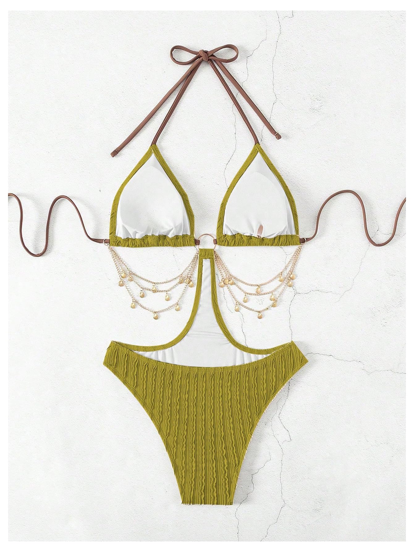OYOANGLE Women's Ring Linked Cut Out One Piece Swimsuits Textured Tie Backless Halter Bathing Suit Monokini