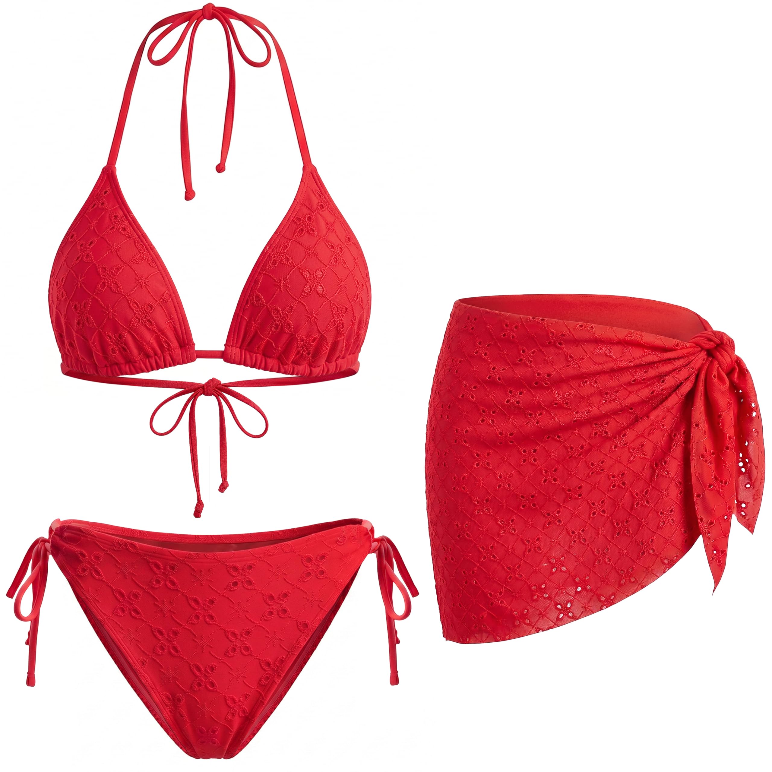 Women 3 Piece Swimsuits - Sexy Triangle Bikini Sets with Cover Up Halter String Tie Side Bathing Suits