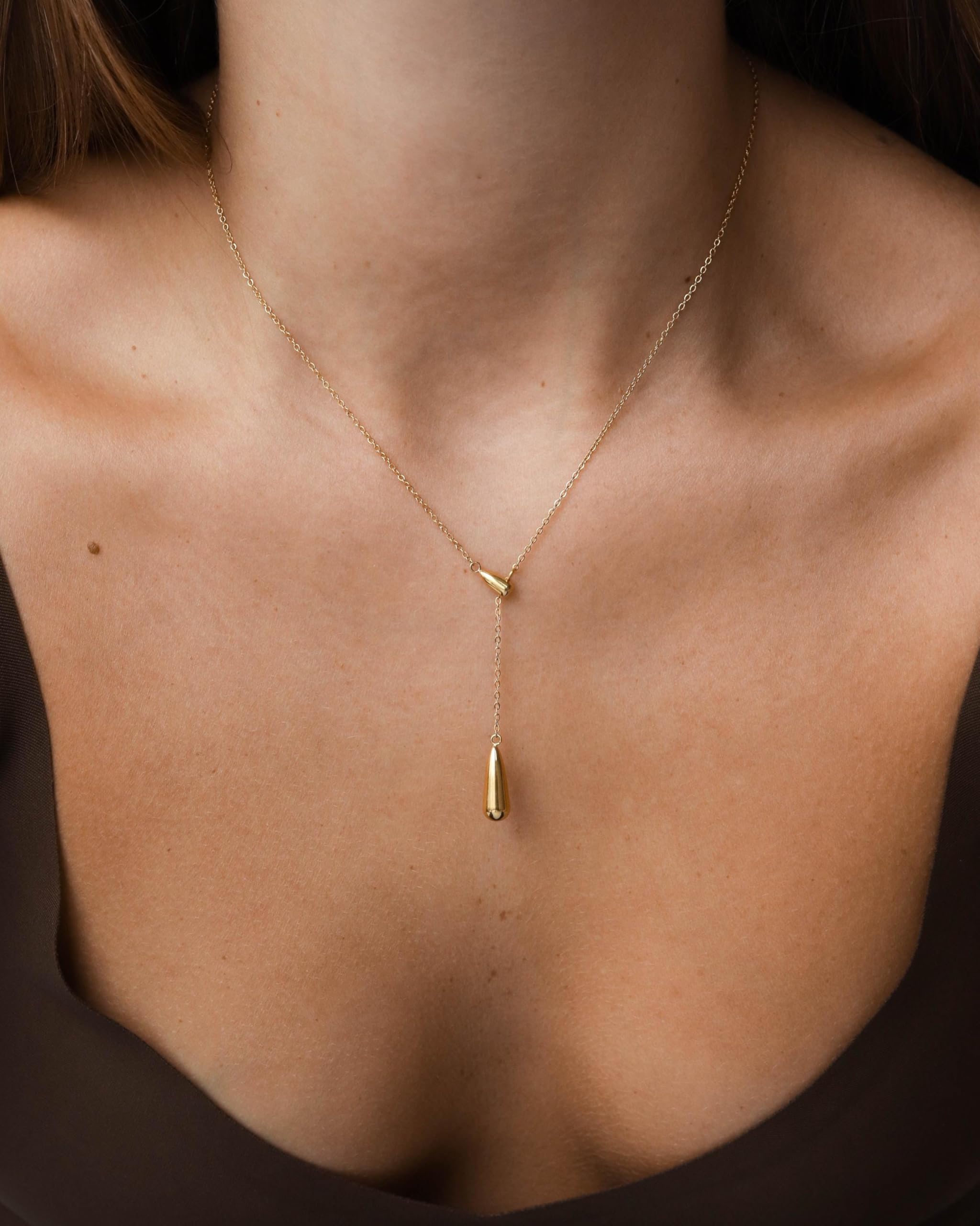 CHESKY Lariat Gold Necklace for Women, Dainty Long Necklace 14k Gold Plated Y-Shaped Pendant Necklace Trendy Layered CZ Beaded Chain Drop Necklaces Simple Gold Jewelry for Women Gifts