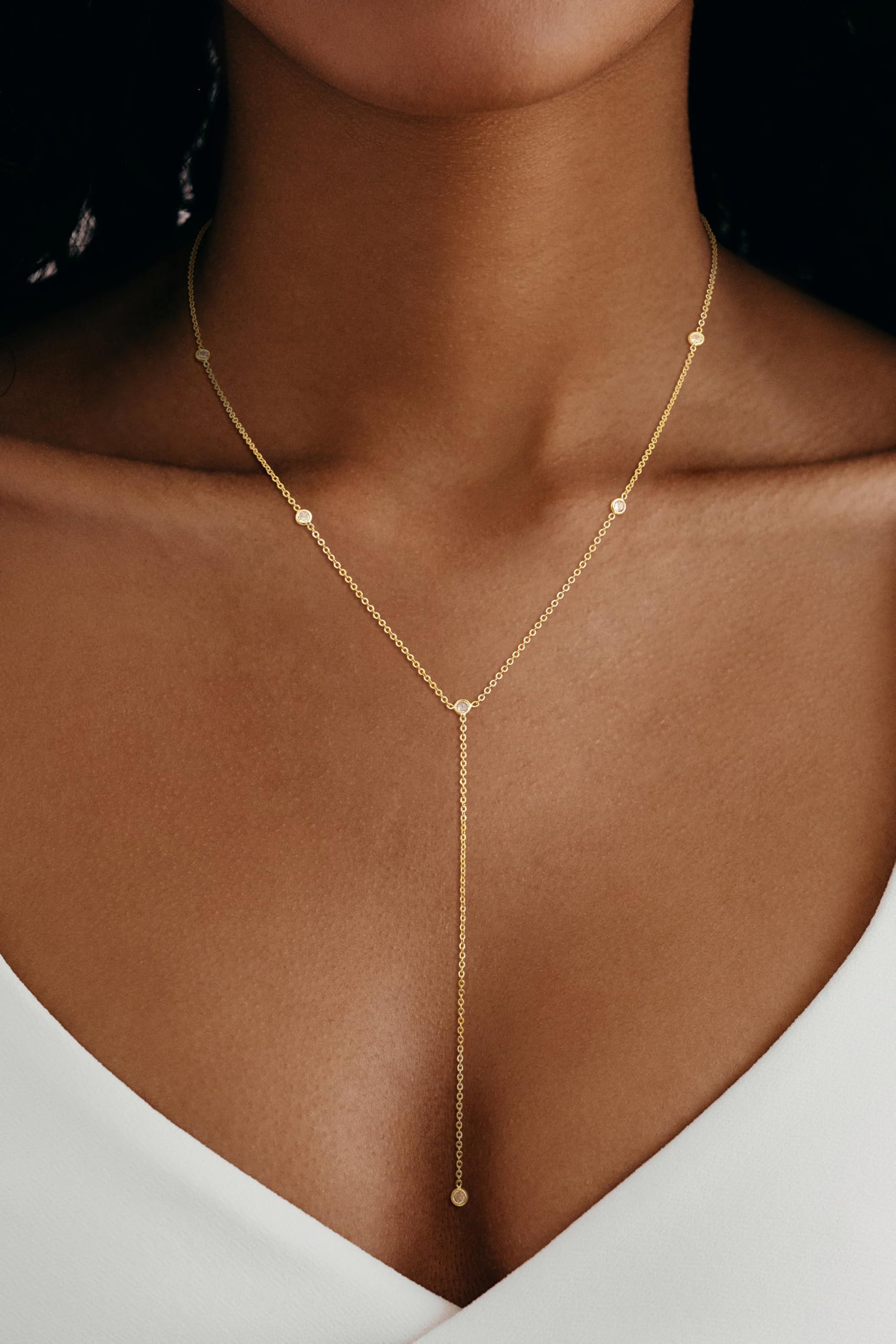CHESKY Lariat Gold Necklace for Women, Dainty Long Necklace 14k Gold Plated Y-Shaped Pendant Necklace Trendy Layered CZ Beaded Chain Drop Necklaces Simple Gold Jewelry for Women Gifts