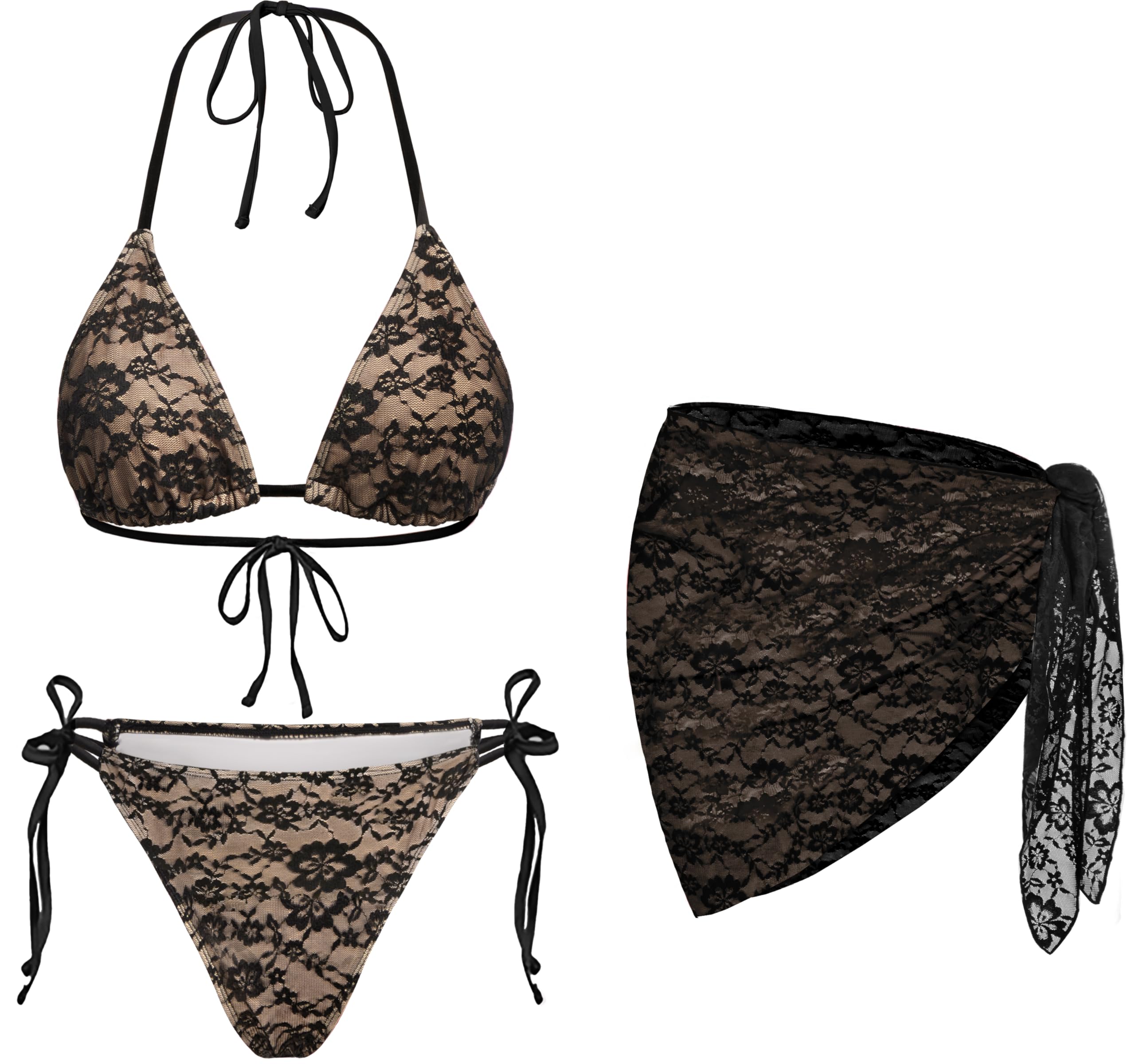 Women 3 Piece Swimsuits - Sexy Triangle Bikini Sets with Cover Up Halter String Tie Side Bathing Suits
