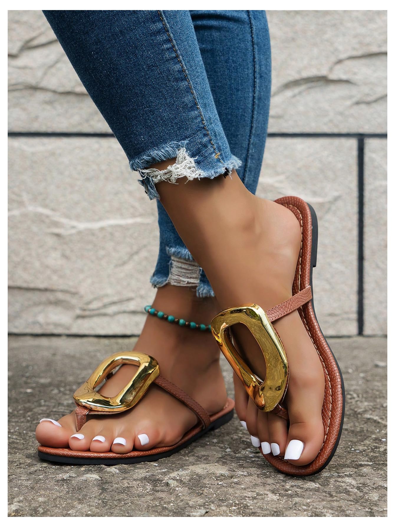 OYOANGLE Women's Metal Decor Flip Flop Thong Sandals Comfortable Slip on Flat Sandals