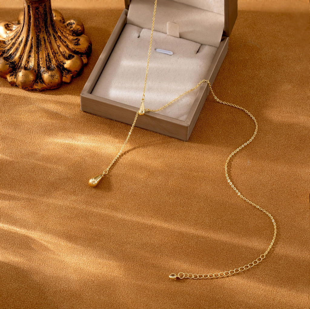 CHESKY Lariat Gold Necklace for Women, Dainty Long Necklace 14k Gold Plated Y-Shaped Pendant Necklace Trendy Layered CZ Beaded Chain Drop Necklaces Simple Gold Jewelry for Women Gifts