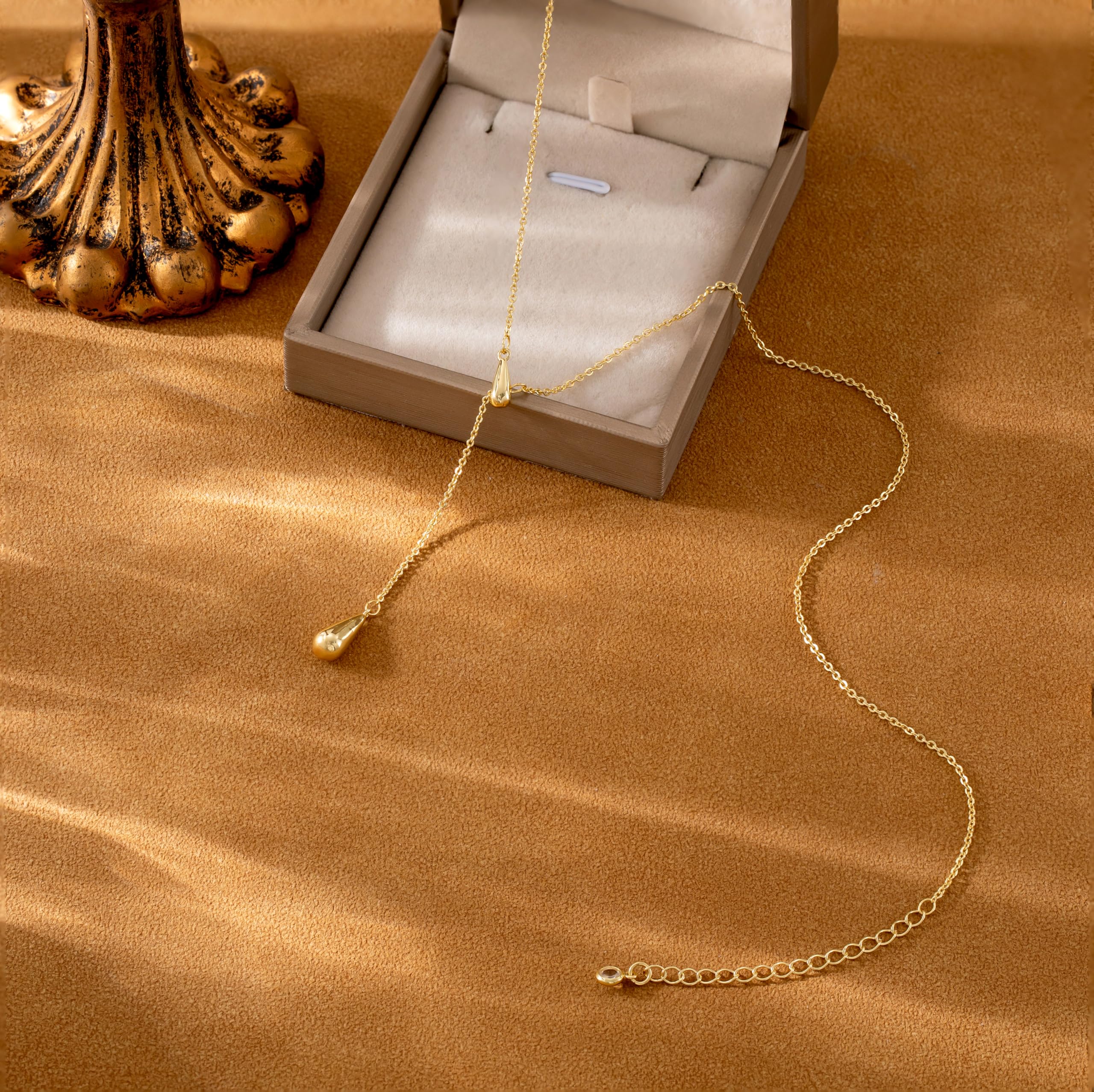 CHESKY Lariat Gold Necklace for Women, Dainty Long Necklace 14k Gold Plated Y-Shaped Pendant Necklace Trendy Layered CZ Beaded Chain Drop Necklaces Simple Gold Jewelry for Women Gifts