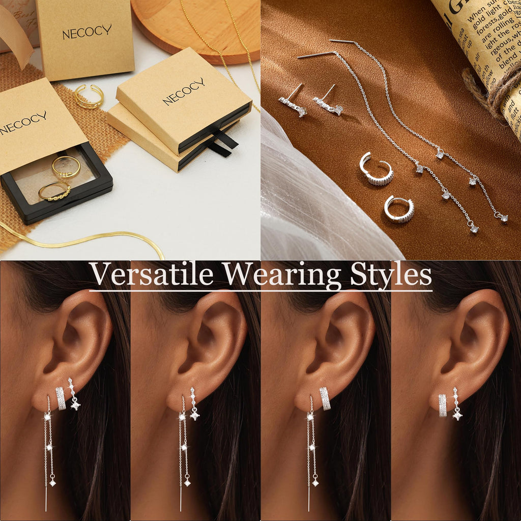 NECOCY 14K Gold Plated Chain Earrings for Women 3/4 Pairs Dangle Dainty Stack Hoop Earrings Set Trendy Cubic Zirconia Stud Earrings for Women Jewelry