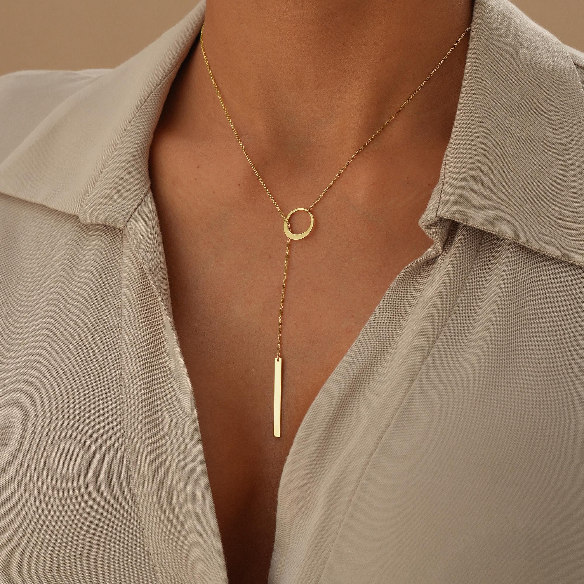 CHESKY Lariat Gold Necklace for Women, Dainty Long Necklace 14k Gold Plated Y-Shaped Pendant Necklace Trendy Layered CZ Beaded Chain Drop Necklaces Simple Gold Jewelry for Women Gifts