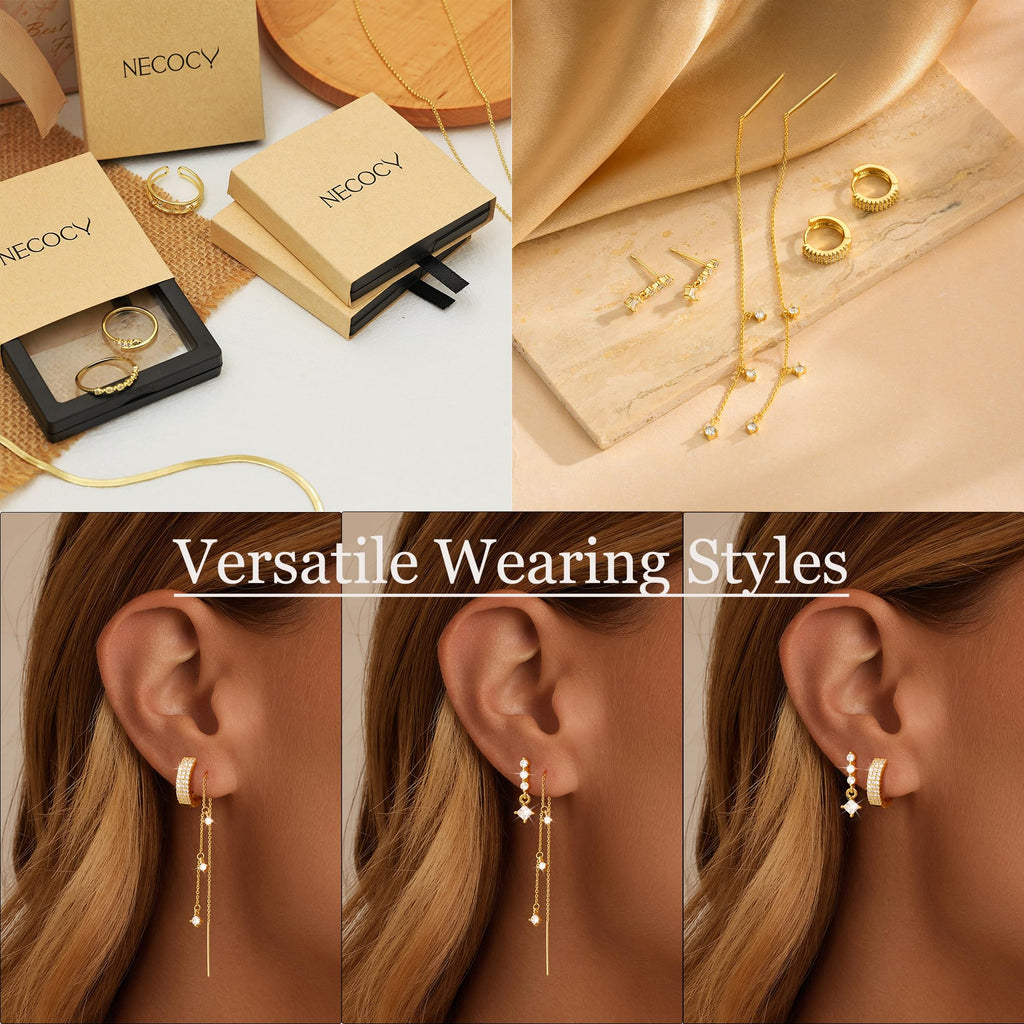 NECOCY 14K Gold Plated Chain Earrings for Women 3/4 Pairs Dangle Dainty Stack Hoop Earrings Set Trendy Cubic Zirconia Stud Earrings for Women Jewelry