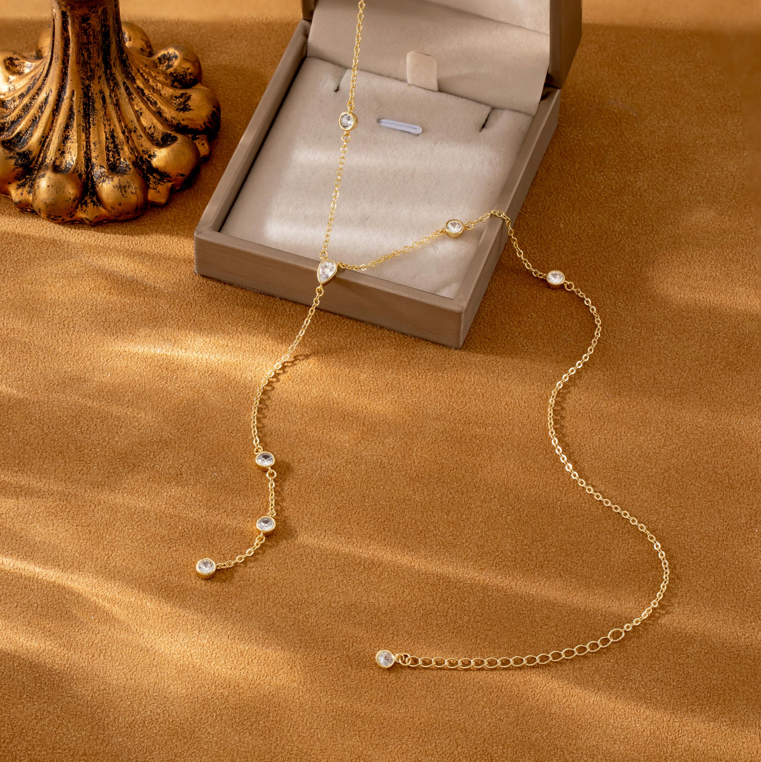 CHESKY Lariat Gold Necklace for Women, Dainty Long Necklace 14k Gold Plated Y-Shaped Pendant Necklace Trendy Layered CZ Beaded Chain Drop Necklaces Simple Gold Jewelry for Women Gifts