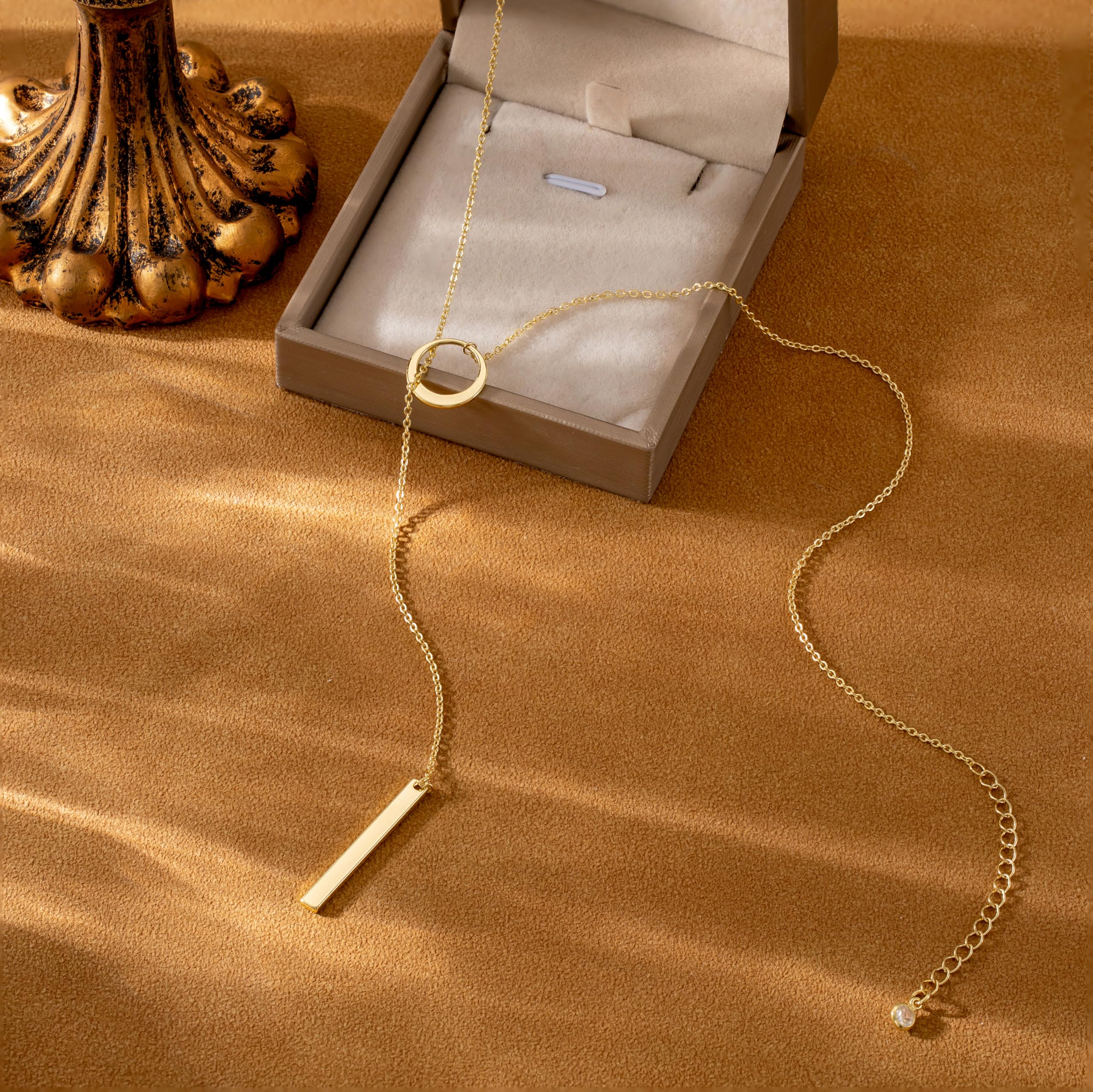 CHESKY Lariat Gold Necklace for Women, Dainty Long Necklace 14k Gold Plated Y-Shaped Pendant Necklace Trendy Layered CZ Beaded Chain Drop Necklaces Simple Gold Jewelry for Women Gifts