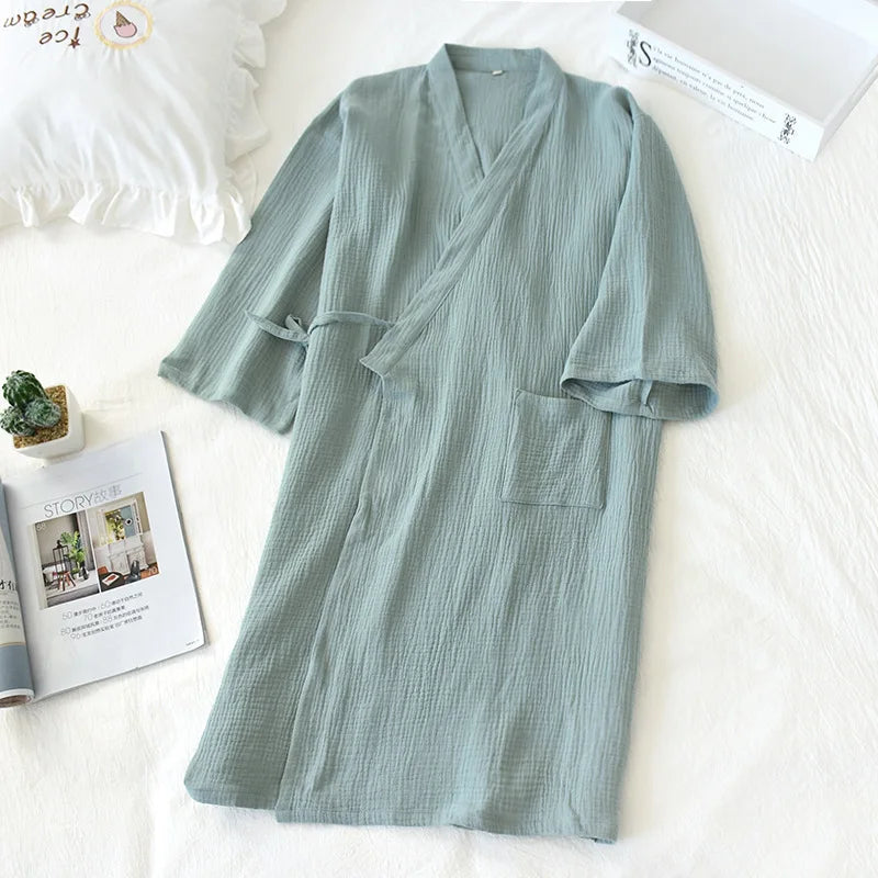 2026 Japanese-style kimono spring and summer new 100% cotton crepe ladies thin nightgown men bathrobe robe home service pajamas