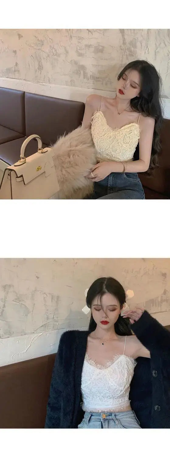 Lace Camis Women Sexy White Camisoles Sleeveless Crop Top Comfort Breathable Outwear Backless Spaghetti Strap Bralette Girl Ins