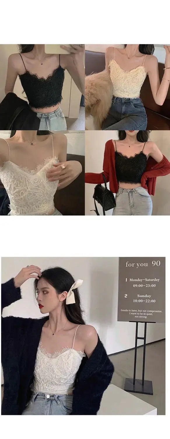 Lace Camis Women Sexy White Camisoles Sleeveless Crop Top Comfort Breathable Outwear Backless Spaghetti Strap Bralette Girl Ins