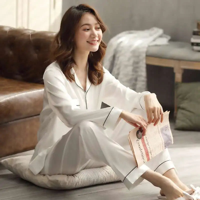 Sleepwear Couple Silk Satin Solid Color Pajama Sets Long Button-Down Pijama Plus Size Home Clothes Pyjamas Women Men Loungewear