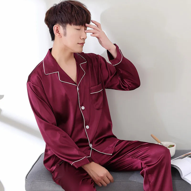 Sleepwear Couple Silk Satin Solid Color Pajama Sets Long Button-Down Pijama Plus Size Home Clothes Pyjamas Women Men Loungewear